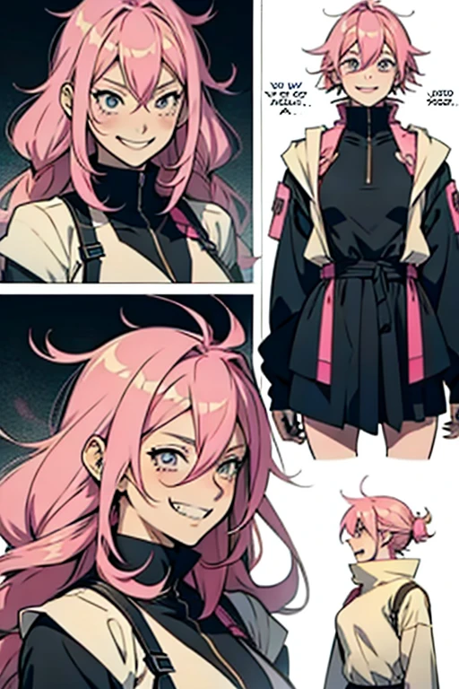 Anime girl with pink hair, laughing in insanity, manga page with panels and dialogue