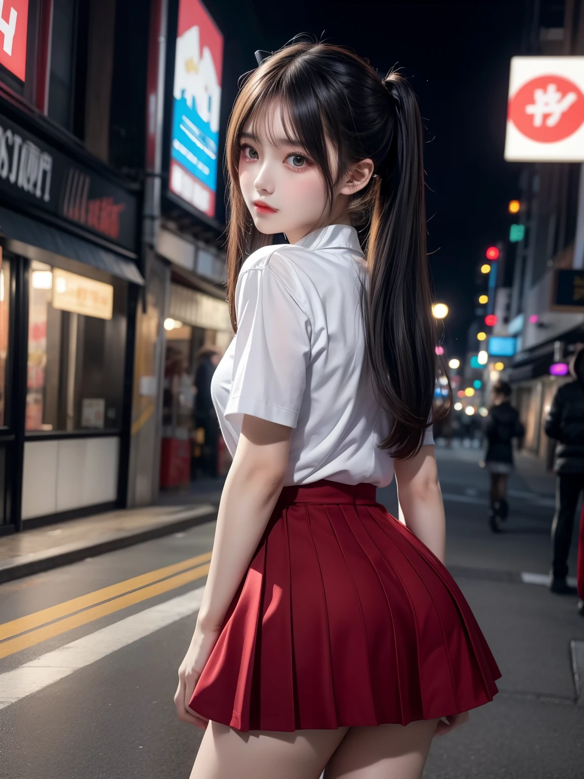 masterpiece, best quality, HuTaoV4, 1girl, solo, blush, twintails, long hair, hair between eyes, ((streetwear clothes)), city, outdoors, night, movie poster, extremely detailed 8K, smooth, high resolution, ultra quality, cinematic lighting, ambient occlusion, hd, 2k, 4k, 8k, 16k, extremely detailed anime, detailed faces, perfect composition, wide shot, atmospheric lighting, very sexy, lift skirt, random low back angle, uncensored, nsfw, sin censura