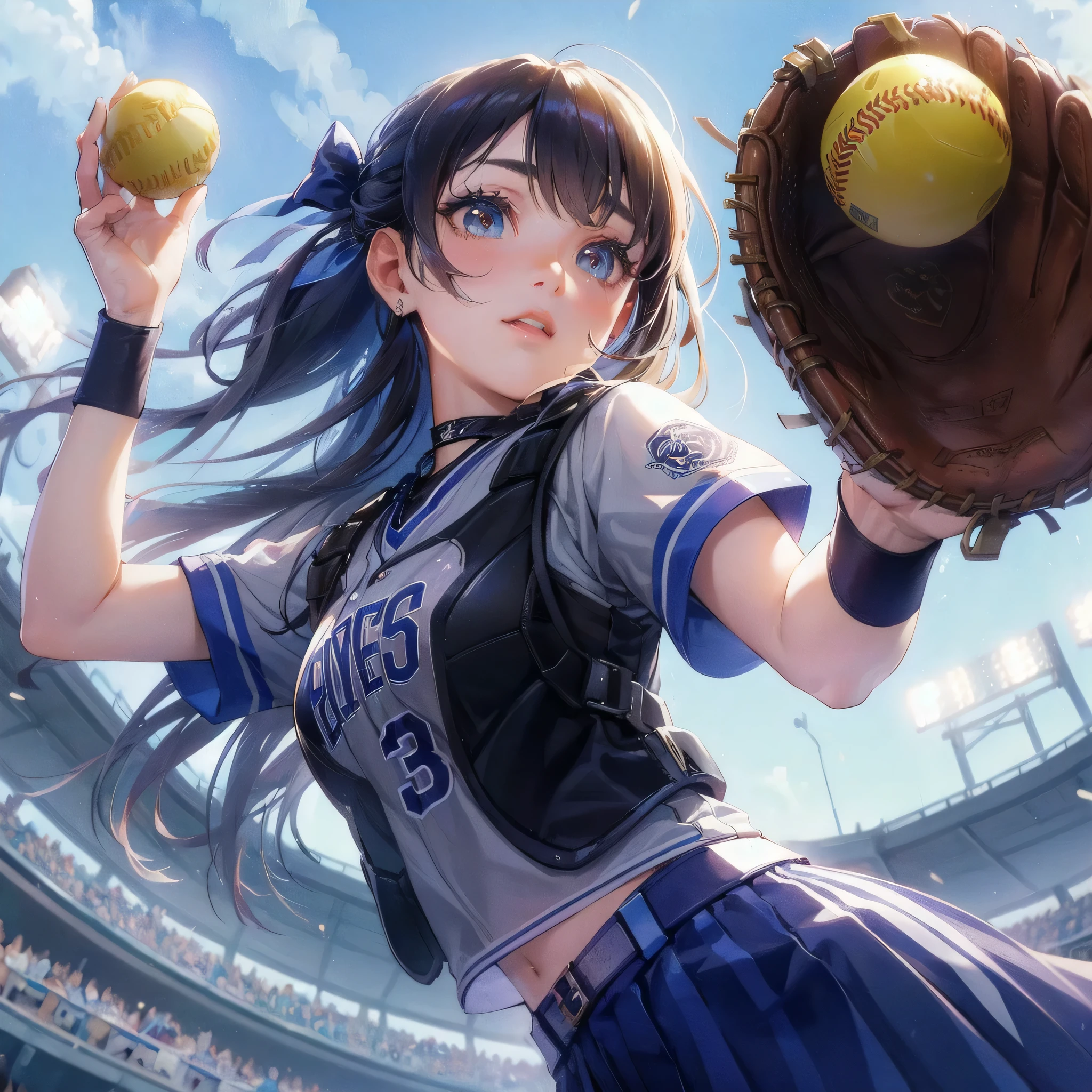 masterpiece, (textured skin), best quality, gorgeous beautiful girl, (a female softball athlete), detailed clothes,large breasts,narrow waist,, (beautiful face), cinematic lighting, (at softball venue),
