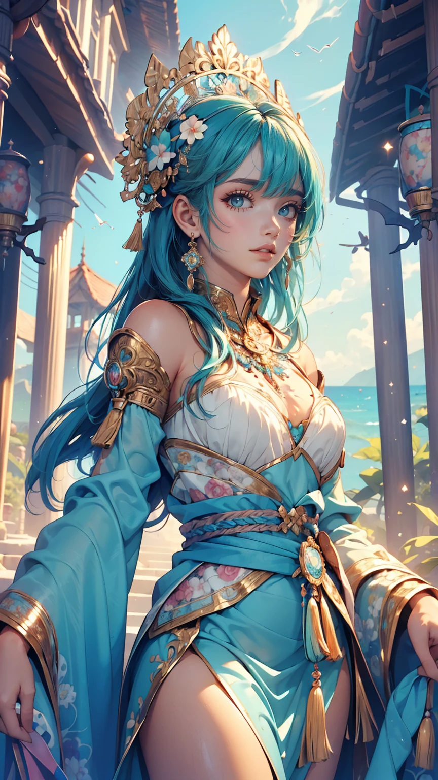(masterpiece, highest quality, highest quality, Official Art, Beauty and aesthetics: 1.2), (One girl: 1.3), (Fractal Art: 1.3), Bright aqua blue eyes, Medium length hair with tassels, Nude midpart