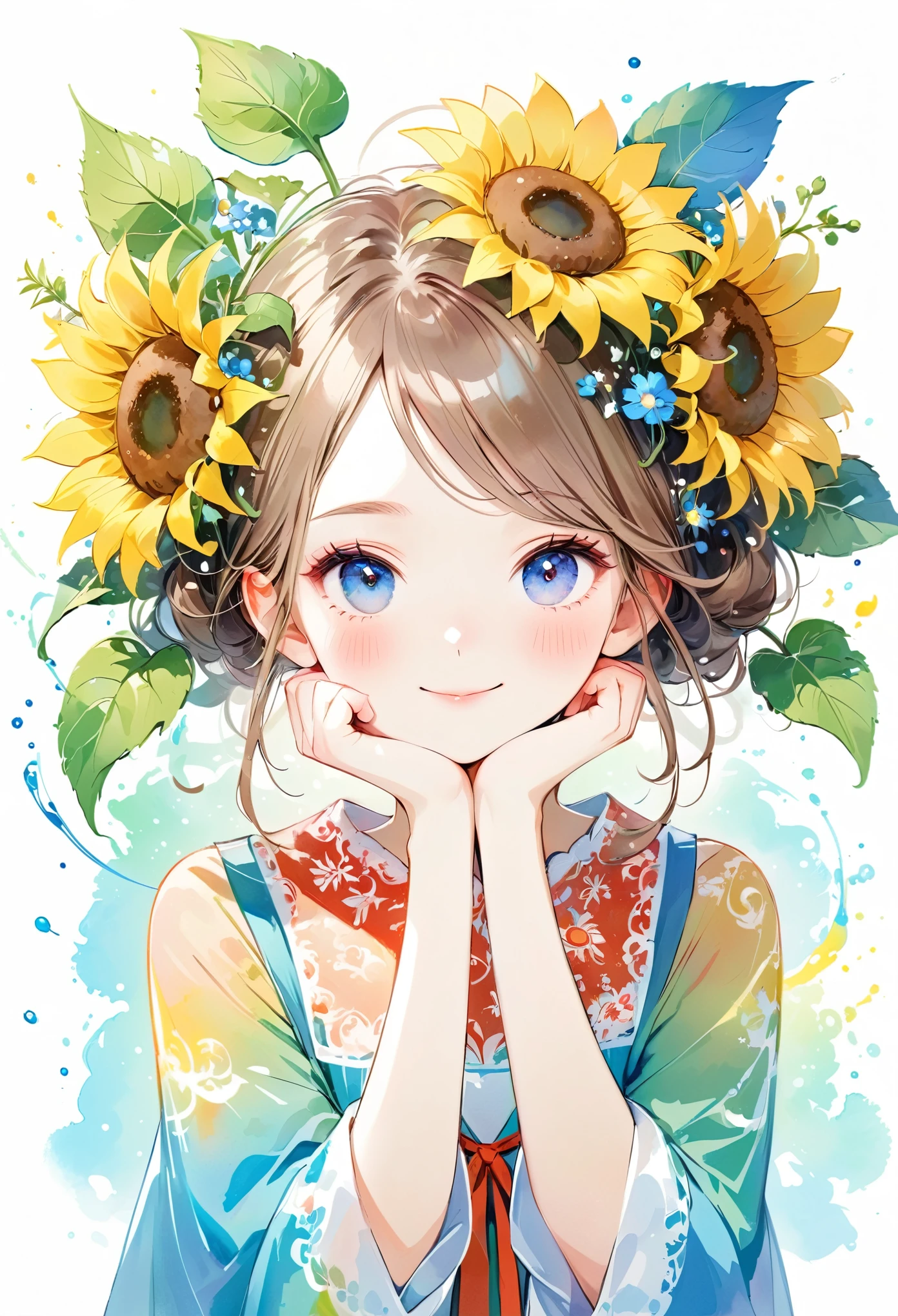 A beautiful smiling girl, her hands on her cheeks, sunflowers and wildflowers on her hair, a colorful watercolor splashing pencil drawing, an anime style full body portrait, detailed character design in digital art style on a white background, colorful ink painting, complex clothing and design, 8k HD