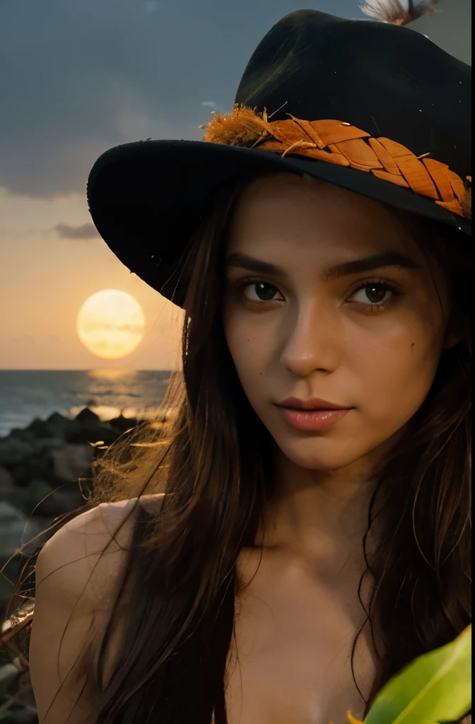 Create a picture with an orange full moon and a man on it with green magic coming out of his hands, e embaixo coloque na linha do horizonte nove pessoas, sendo uma delas alta, uma baixa, one with long hair one with a hat the other three with messy hair.