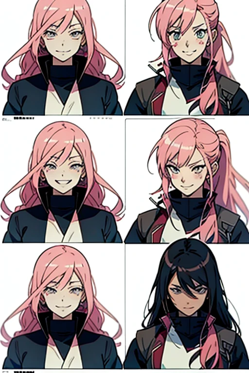 Anime girl with pink hair, highly insane and smiling, manga page with panels and dialogue