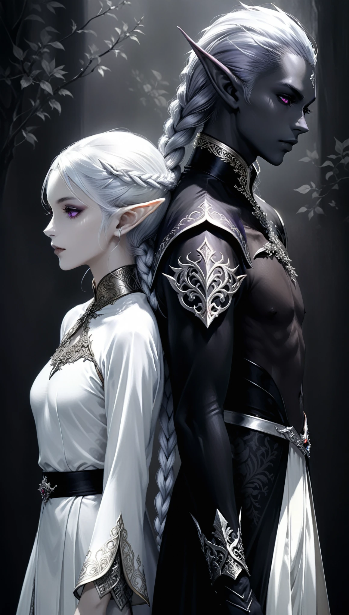 (in style of Lillian Bassman:1.3),
realist,(masterpiece, best quality, official art, beauty, Gothic, Tokyo Ghoul style:1.2),Very detailed,fractal art,Gorgeous,Zentangle,(Back-to-back),yinji,purple hair,purple eyes,long hair,white hair,double braids,gradient hair,Japanese folk style clothing,1 husband and wife,height_difference,(1 dark elf boy,1 white elf girl,poseing:1.8),