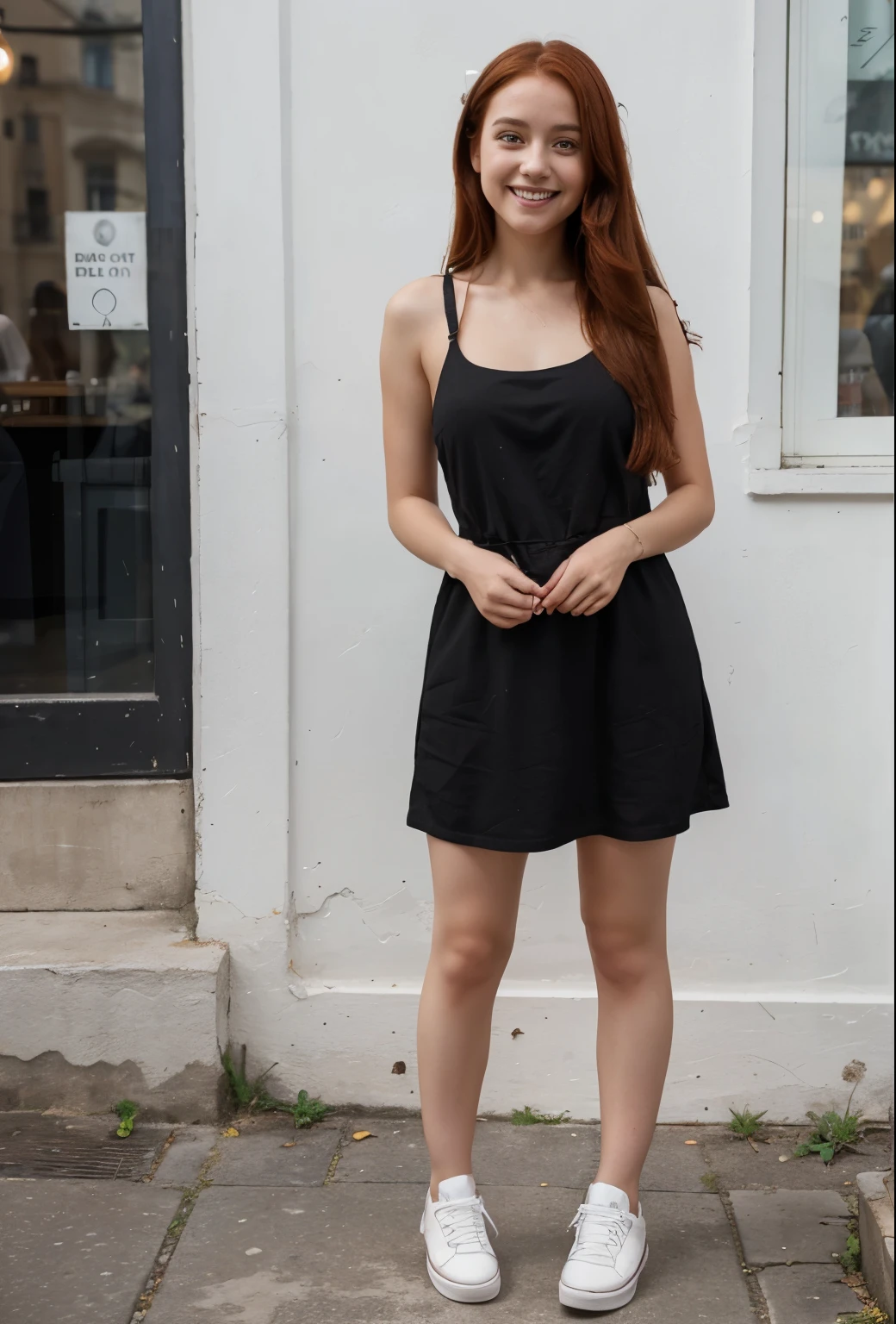 0 years old woman, fotorealistic proportions, full body view from head to toe, dark eyes, very long red hair, wearing a very short black summer dress, white sneakers on her feet, standing in front of a street cafe, smiling into the camera with a cheerful expression.
