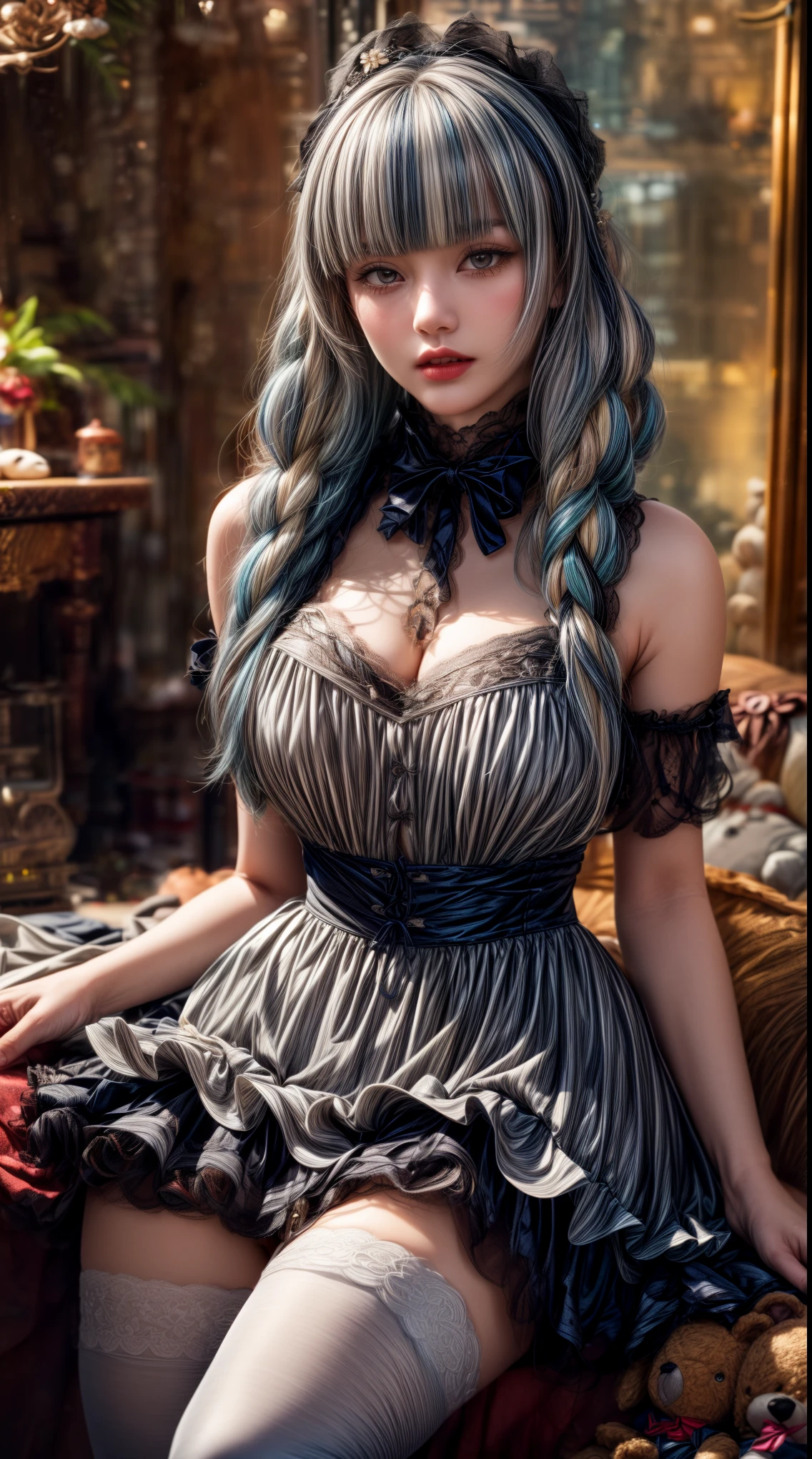 Mature Woman、Light blue hair、((Light grey hair))、(((Two-tone hair)))、A white ta dress with delicate light blue decorations、Slender women、Cute Woman、 8K Ultra HD,Detailed face、Delicate texture, Long Hair、(((Blunt bangs)))、(((Drill Hair)))、Tutu skirt、thigh length tights、short boots、((Oriental Loli、mini skirt、A room in a Western-style building、((Delicate photo)),(Girl Astepeace RAW Photo Details:1.25), (highest quality:1.6), (超A high resolution:1.5), (Realistic:1.75), 8K resolution, Canon EOS R5, 50mm, Absurd, Very detailed,Cinema Lighting、((stuffed toy:1.3))、Browsing Caution:1.5