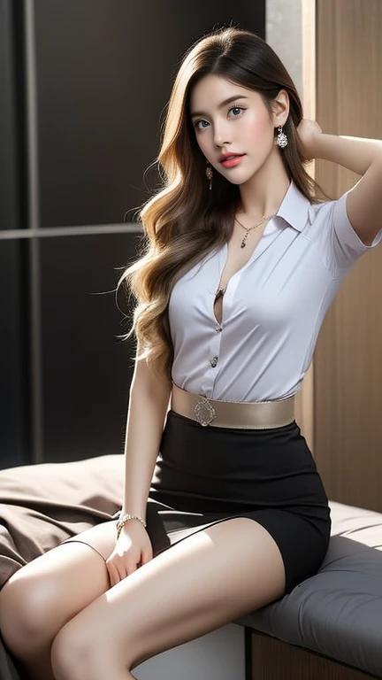 (High resolution 8K), Masterpiece, best quality, As a matter of fact ((middle chest)), hair in one eye, purple eyes, very big hoop earrings, sharp eyes, choker, red gemstone necklace, (symmetrical eyes), (The body is perfectly symmetrical.. ), Photo of a beautiful age girl in her 20s., (fit the body), ((In the middle of the bed in a luxurious bedroom)), (black short skirt), university set, (( The young woman wore a tight-fitting white short-sleeved shirt.., The buttons are unbuttoned., Open your chest and look at your breasts..)) ((black short pencil skirt The skirt has deep slits at the front of the legs..)), belt, side bangs, blonde hair, Double eyelids, sharp eyeliner, Eyeshadow Blush, Thick eyelashes, Very delicate and beautiful, round chin, Sharp focus.. elegant. Turn your head with your legs open.. Sit down and open your legs.. Separate the right leg over the left leg.. Let your legs open naturally., By separating your legs., dynamic gesture.,University outfit