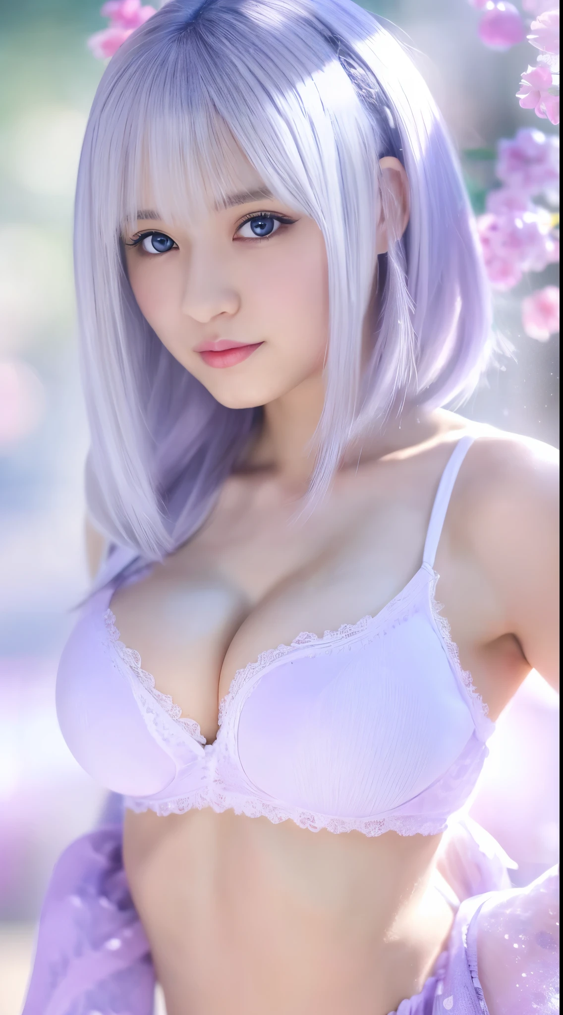 masterpiece, highest quality, 4K, Ultra-high resolution, mishoujo, Painting, Beautiful eyes and a beautiful face, shape, Beautiful details, high resolution shape, Shine_white_particle, One Girl, white hair, Light purple eyes, Big Breasts、Big Breasts、belly button、Japanese、Japanese Idols