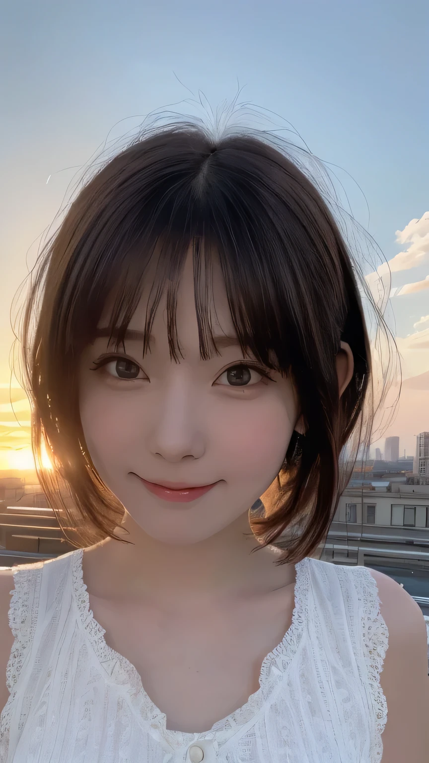 top-quality,fullbody shot,,super high resolution,(Realistic:1.4),Raw photography, 

(highest quality,masterpiece:1.3,Ultra-high resolution),(Very detailed,Caustics,8k),(Realistic:1.4,RAW shooting),Japanese,16 years old,cute,Are standing,(smile),(Looking into the camera),Black hair medium hair,Big Breasts,White blouse,Knee-length skirt,Strong winds,Hair blowing in the wind,rooftop,Backlight,sunset,sunset sky,(Bust up shot),(Face Focus),(Face close-up),Low position,Low Angle,Natural light big eyes 