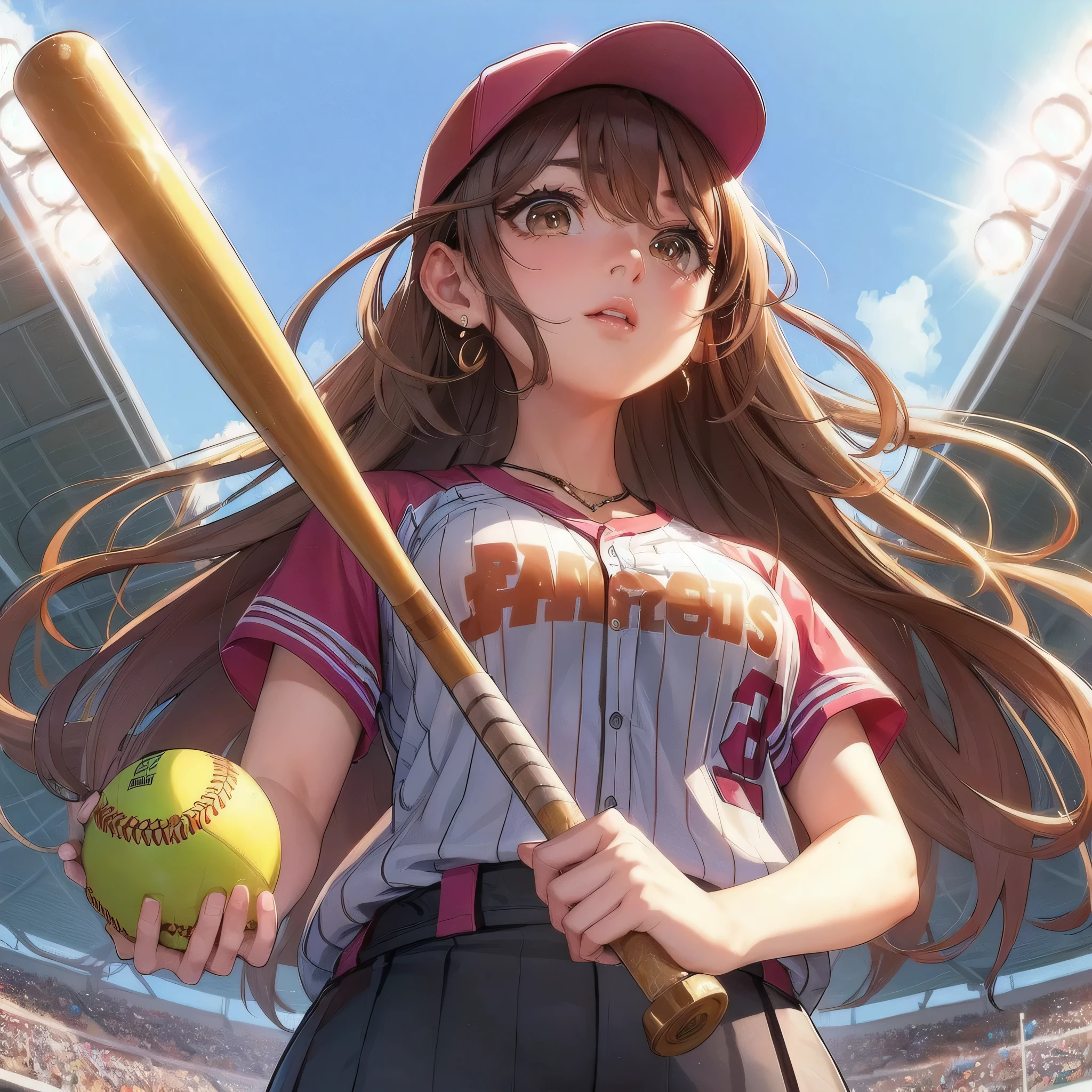 masterpiece, (textured skin), best quality, gorgeous beautiful girl, (a female softball athlete), detailed clothes,large breasts,narrow waist,, (beautiful face), cinematic lighting, (at softball venue),
