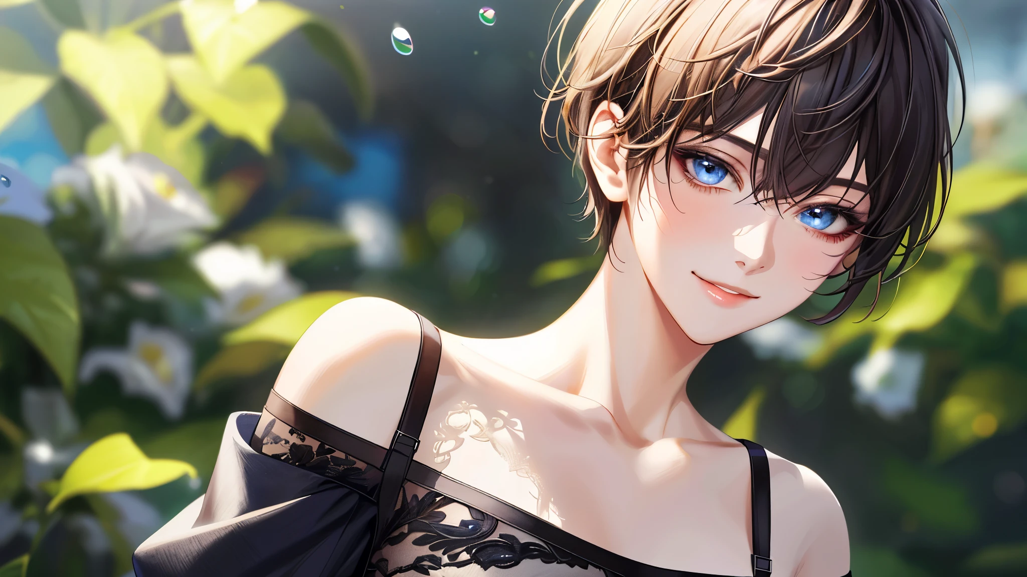 (highest quality, 8k, 32k, masterpiece, Ultra-high resolution):1.2, Blurred Background, beautiful彩度の素晴らしい写真, Ultra-high resolution,(Realistic:1.4)),Deep Shadow,(highest quality), ultra Realistic,32k,Highly detailed CG Unity 8k wallpaper, highest quality, (Detailed face, Perfect Face, Perfect Eyes, Realistic eyes). beautiful Eyes, Super beautiful, Very short hair, beautiful, lover, Rough chest T-shirt, beautiful Soldier, Eyes that beckon the viewer, loverの視点, Attractive expression, Sexy smile, Perfect Style, Perfect balance, Detailed skin, Mischievous Gaze, I can see your chest,office Street,Shoulder Off