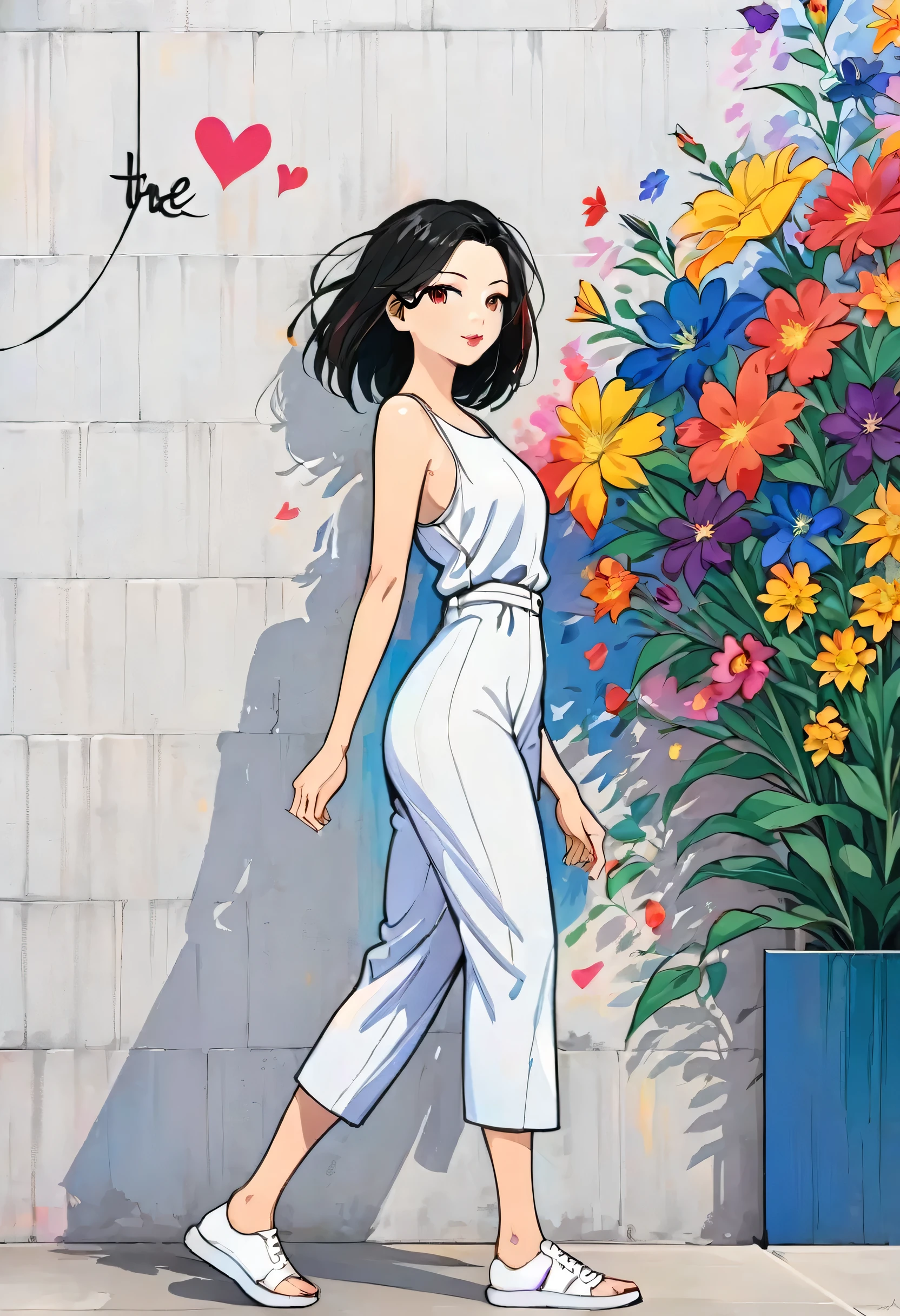 Watase Seizo style, Standing in front of a high wall,Simple Line Initialism,Abstract art,Urban Background, (((The most beautiful girl))), Lips in Love, walking, colorful flowers