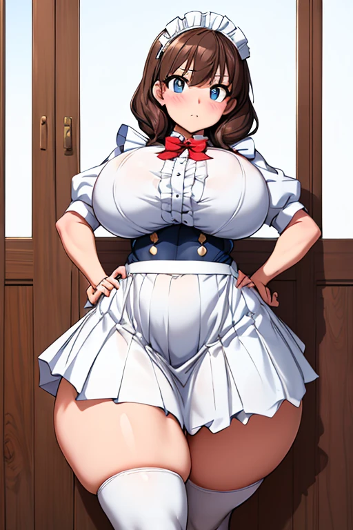 One Girl,{Knee-high socks}、(((Wide Hips)))、 (((Thick thighs)))、((Big Ass))、(Big Breasts) Embarrassed look,Short Stack、whole body、Sexy pose。Classic maid、(White headdress)、(White frilly apron)、((Long skirt))
