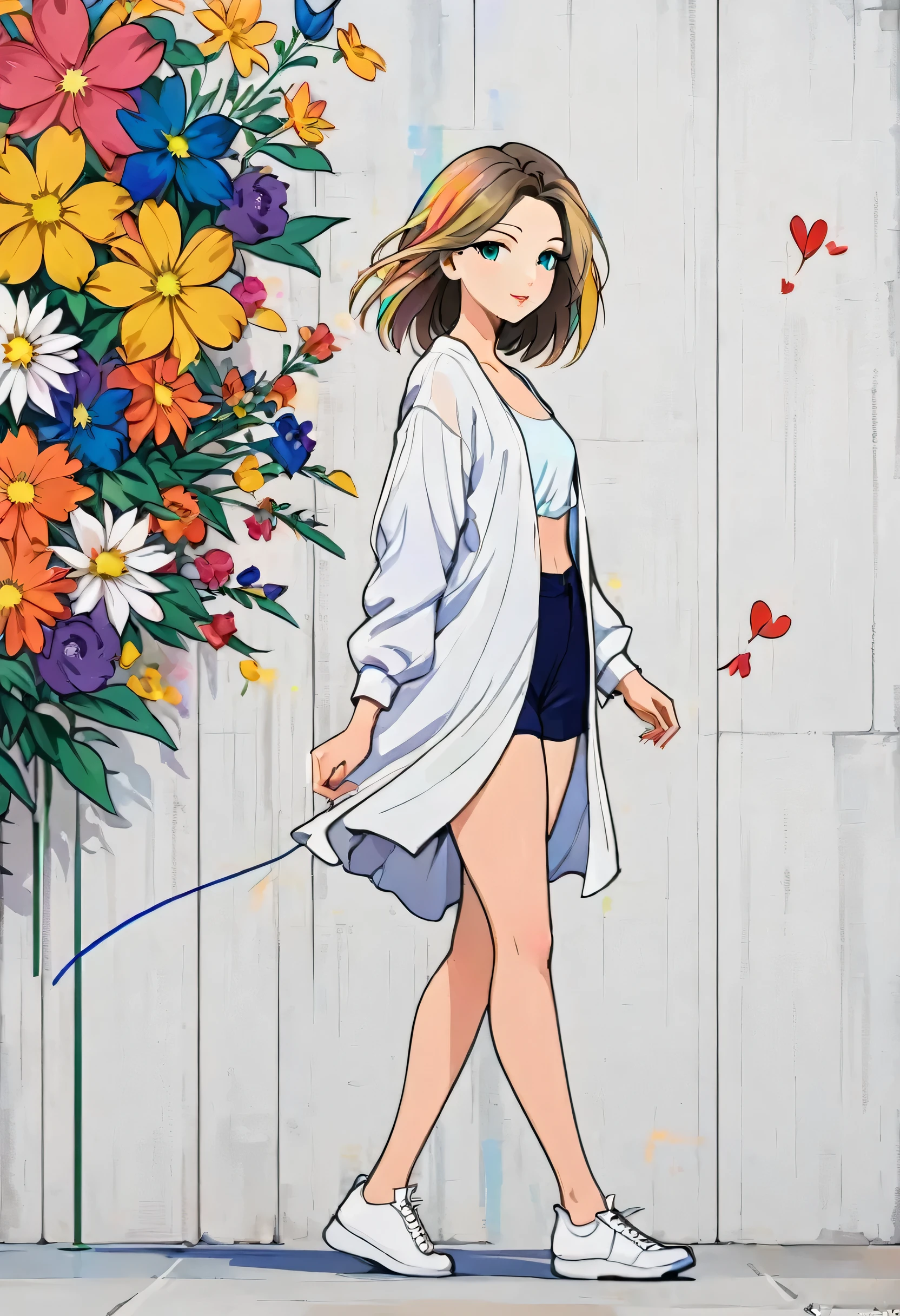 Watase Seizo style, Standing in front of a high wall，Simple Line Initialism，Abstract art，Urban Background, (((The most beautiful girl))), Lips in Love, walking, colorful flowers
