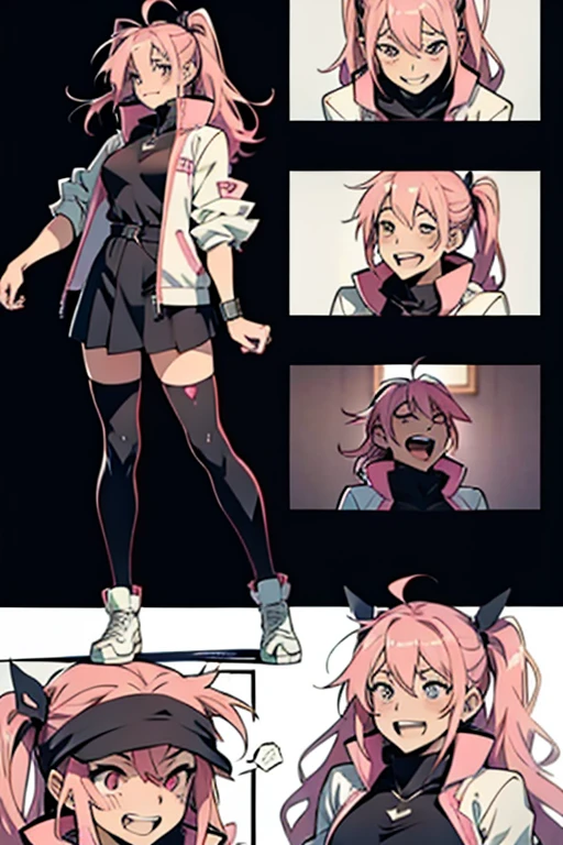 Anime girl with pink hair, insane laughter full body shots, manga page with panels and dialogue 