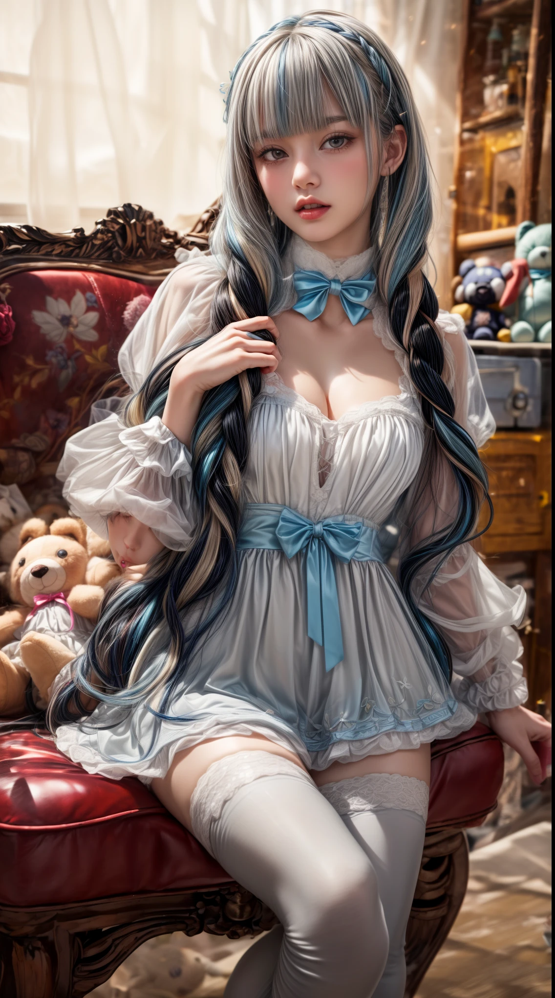 Mature Woman、Light blue hair、((Light grey hair))、(((Two-tone hair)))、A white ta dress with delicate light blue decorations、Slender women、Cute Woman、 8K Ultra HD,Detailed face、Delicate texture, Long Hair、(((Blunt bangs)))、(((Drill Hair)))、Tutu skirt、thigh length tights、short boots、((Oriental Loli、mini skirt、A room in a Western-style building、((Delicate photo)),(Girl Astepeace RAW Photo Details:1.25), (highest quality:1.6), (超A high resolution:1.5), (Realistic:1.75), 8K resolution, Canon EOS R5, 50mm, Absurd, Very detailed,Cinema Lighting、((stuffed toy:1.3))、Browsing Caution:1.5