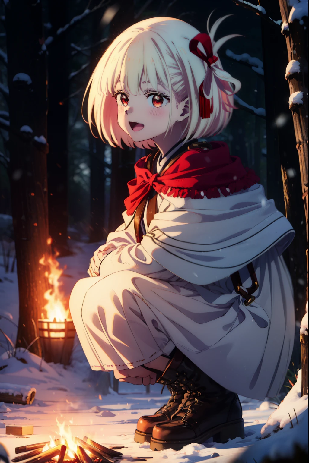 chisatonishikigi, Chisato Nishikigi, short hair, bangs, blonde, (Red eyes:1.5), Hair Ribbon, One side up, Bobcut,smile,blush,happy smile, smile, Open your mouth,
White Breath, Open your mouth,snow, Ground bonfire, Outdoor, boots, snowing, From the side, wood, suitcase, Cape, Blurred, Increase your meals, forest, White handbag, nature, Squat, Mouth closed, フードed Cape, winter, Written boundary depth, Black shoes, red Cape break looking at viewer, Upper Body, whole body, break Outdoor, forest, nature, break (masterpiece:1.2), highest quality, High resolution, unity 8k wallpaper, (shape:0.8), (Beautiful and beautiful eyes:1.6), Highly detailed face, Perfect lighting, Highly detailed CG, (Perfect hands, Perfect Anatomy),