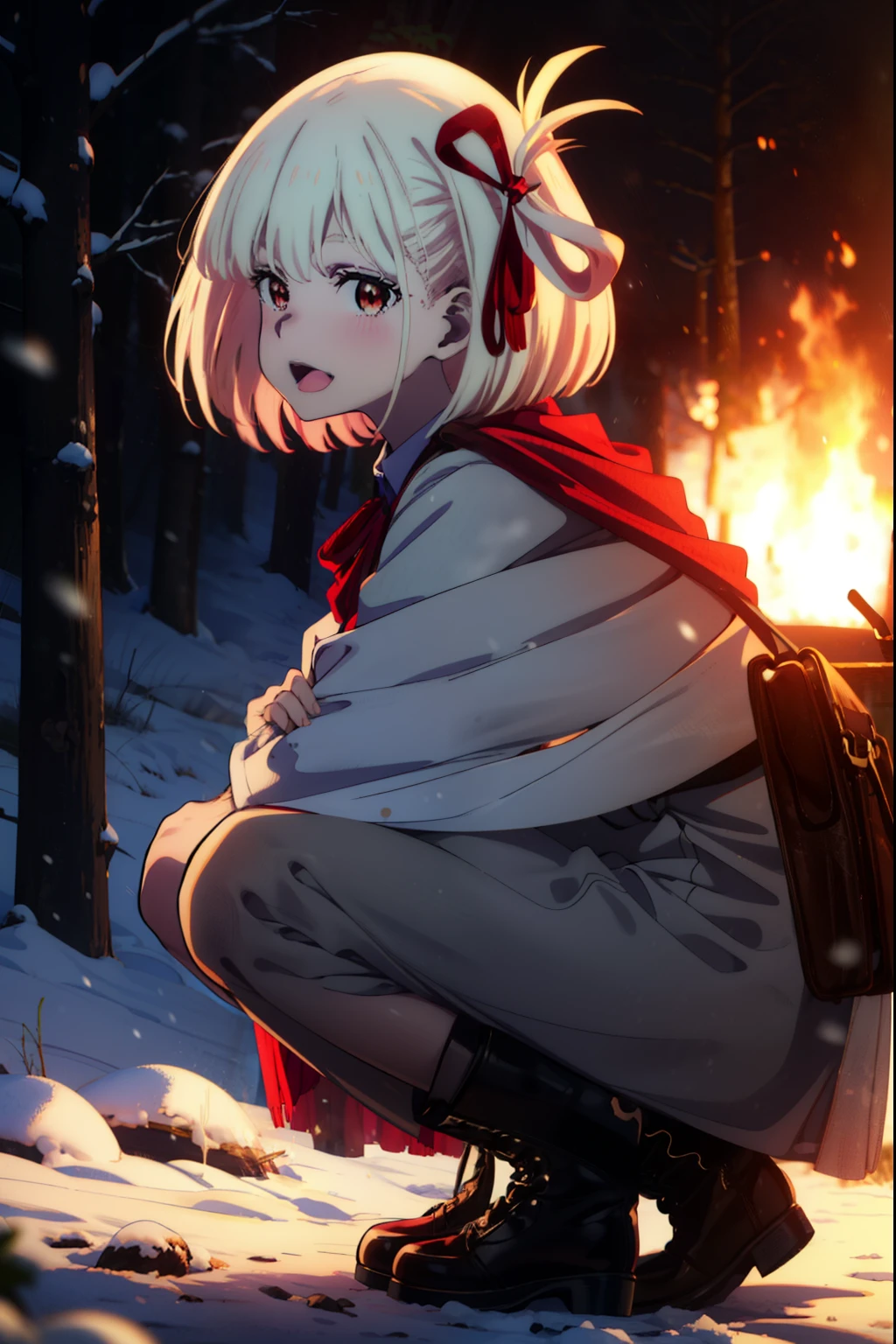 chisatonishikigi, Chisato Nishikigi, short hair, bangs, blonde, (Red eyes:1.5), Hair Ribbon, One side up, Bobcut,smile,blush,happy smile, smile, Open your mouth,
White Breath, Open your mouth,snow, Ground bonfire, Outdoor, boots, snowing, From the side, wood, suitcase, Cape, Blurred, Increase your meals, forest, White handbag, nature, Squat, Mouth closed, フードed Cape, winter, Written boundary depth, Black shoes, red Cape break looking at viewer, Upper Body, whole body, break Outdoor, forest, nature, break (masterpiece:1.2), highest quality, High resolution, unity 8k wallpaper, (shape:0.8), (Beautiful and beautiful eyes:1.6), Highly detailed face, Perfect lighting, Highly detailed CG, (Perfect hands, Perfect ???????),