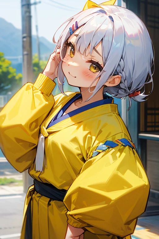 Short white hair, blush, 、Headbang 2.、、Braiding、2 hair clips、Tie your hair up、Yellow and blue clothes、Okinawan style、The image of the face remains the same、Iyyah sasar、Okinawa Costume、Dance happily、