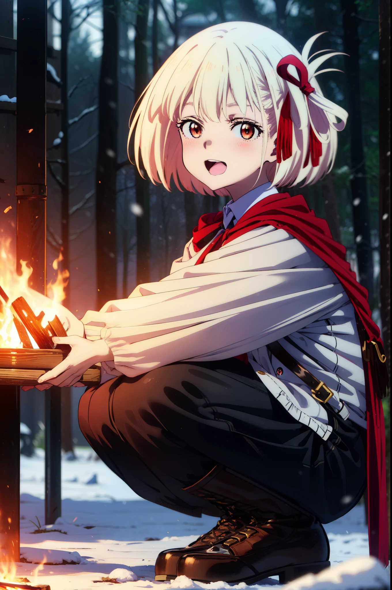 chisatonishikigi, Chisato Nishikigi, short hair, bangs, blonde, (Red eyes:1.5), Hair Ribbon, One side up, Bobcut,smile,blush,happy smile, smile, Open your mouth,
White Breath, Open your mouth,snow, Ground bonfire, Outdoor, boots, snowing, From the side, wood, suitcase, Cape, Blurred, Increase your meals, forest, White handbag, nature, Squat, Mouth closed, フードed Cape, winter, Written boundary depth, Black shoes, red Cape break looking at viewer, Upper Body, whole body, break Outdoor, forest, nature, break (masterpiece:1.2), highest quality, High resolution, unity 8k wallpaper, (shape:0.8), (Beautiful and beautiful eyes:1.6), Highly detailed face, Perfect lighting, Highly detailed CG, (Perfect hands, Perfect Anatomy),