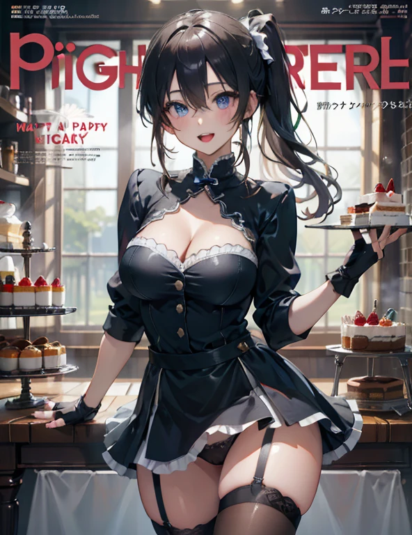 1 girl, small nose, very beautiful detailed face and eyes, bright colors, cute face, delicate beautiful face, Bright magenta eyes, cute eyes, sparkling eyes, Big eyes, (big breasts:1.3), (perky chest:1.1), (pointed chest:1.0), (cake magazine cover:1.3)，highest quality, WorKs of masters, High resolution,BlacK color hair，shiny hair, side ponytail,hair between eyes,bangs, (black jacket, real clothes, cleavage, black skirts, black thighhighs, thigh strap, fingerless gloves, single glove:1.2) , spread legs, panties shot, medium hips, glamorous body, white skin, smile, thin pubric hair, super beautiful face, Super beautiful eyes, Super beautiful hair，trendy outfit，sexy and attractive,full body esbian, Real World, Natural light,perfect Natural light,(with sparkling eyes and a contagious smile), This masterpiece is not only visually stunning but also tells, make of cake cooking , in the kitchen, open mouth, looking at viewer,
