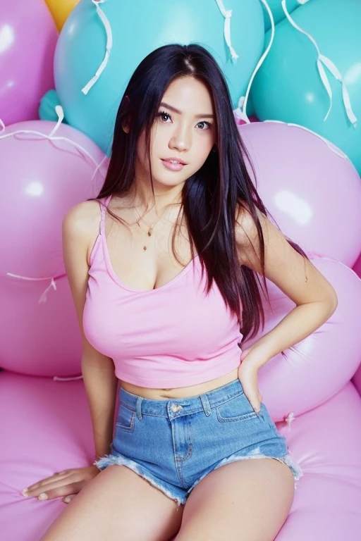 Beautiful girl, busty figure, charming face, beautiful breasts, top, Tumblr, sexy girl, beautiful and unusually beautiful, sexy pose, pink Camisole top, Jean shorts, in Pastel colored room with colorful balloons,lies on their back, one leg bent and the other crossed over on top of it. 