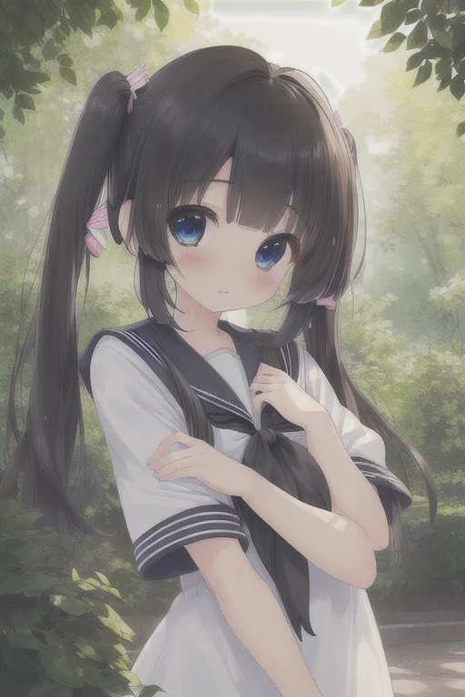 (masterpiece, highest quality, highest quality, Official Art, beautifully、aesthetic:1.2), (One girl,cute,short:1.5), Very detailed, colorful, Most detailed ((Super detailed)), (Highly detailed CG illustrations), ((Very delicate and beautiful)),(8K Photo Quality,Ultimate glowing skin,Detailed skin,Ultimate detailed face), (One girl:1.3), Very detailed, colorful, Most detailed ((Super detailed)), (Highly detailed CG illustrations), ((Very delicate and beautiful)), alone, Outdoor, We will be back/(Tokyo/), Are standing, Black Hair, Long twin tails, blue eyes, (serafuku, short sleeves:1.5),