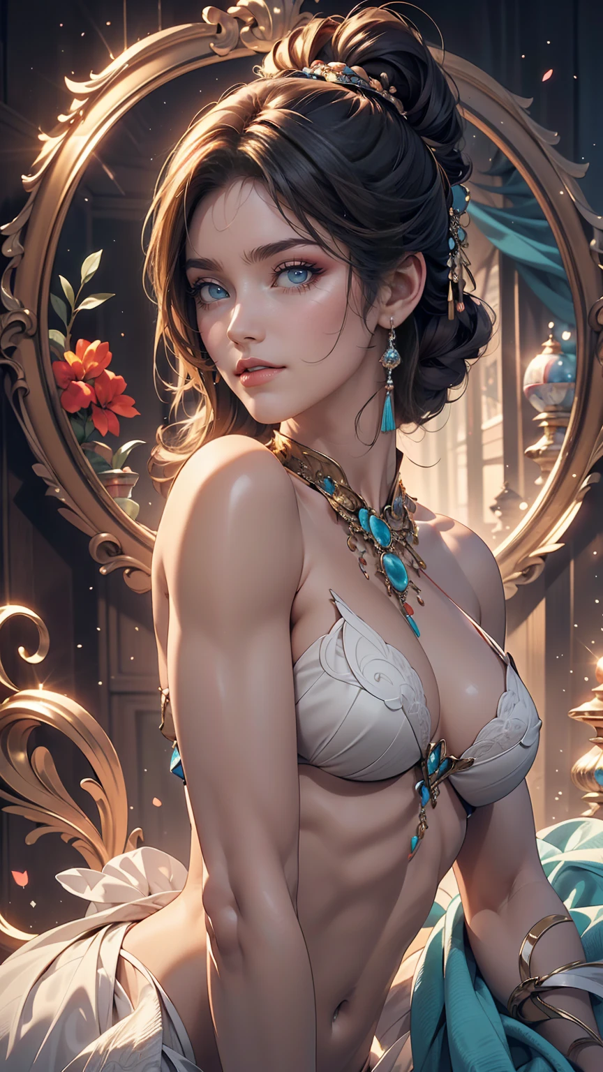 (masterpiece, highest quality, highest quality, Official Art, Beauty and aesthetics: 1.2), (One girl: 1.3), (Fractal Art: 1.3), Bright aqua blue eyes, Medium length hair with tassels, Nude midpart