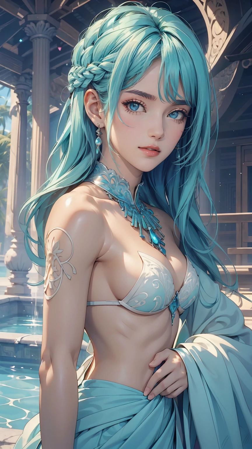 (masterpiece, highest quality, highest quality, Official Art, Beauty and aesthetics: 1.2), (One girl: 1.3), (Fractal Art: 1.3), Bright aqua blue eyes, Medium length hair with tassels, Nude midpart