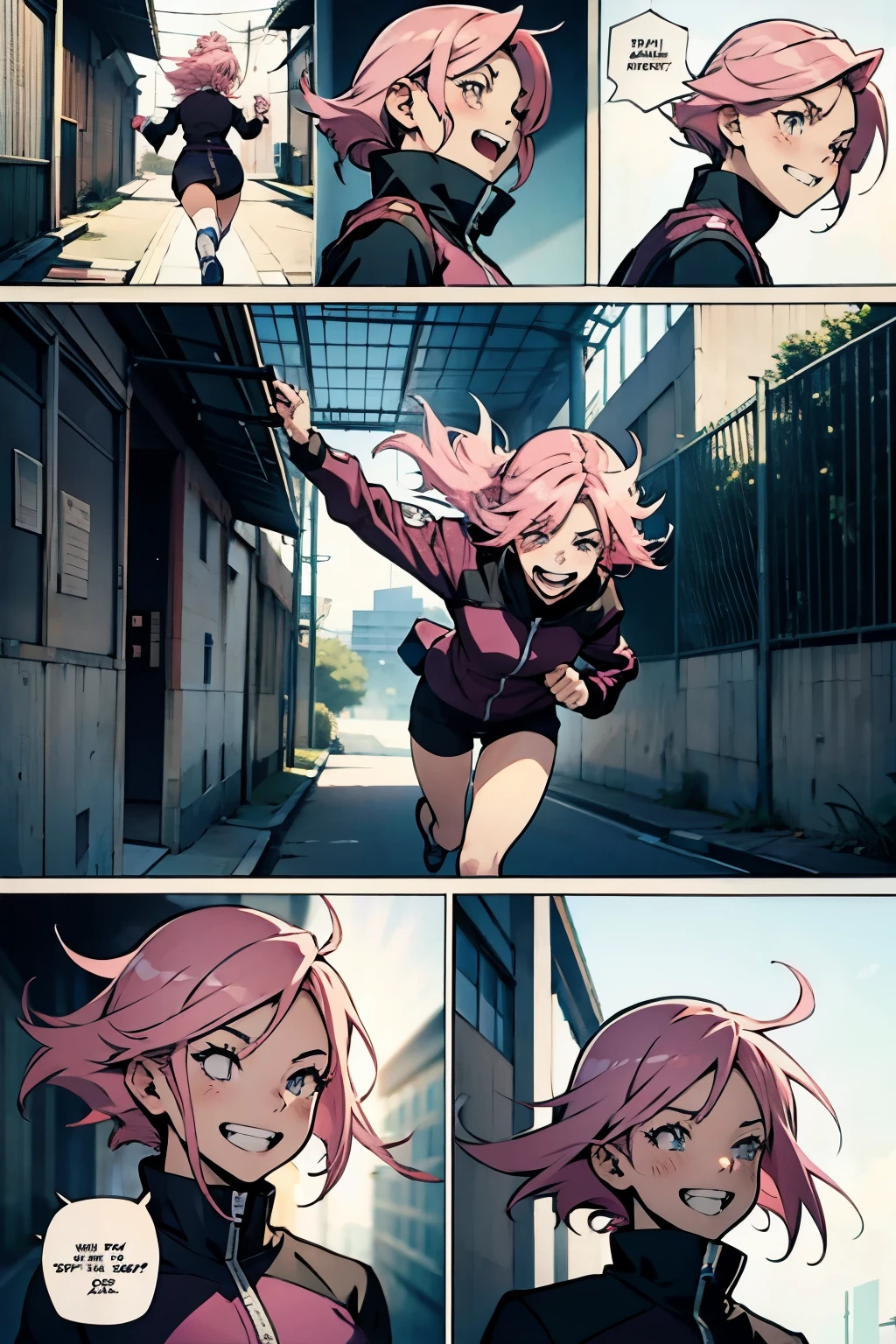 Anime girl with pink hair, running away from her crime laughing , manga page with panels and dialogue