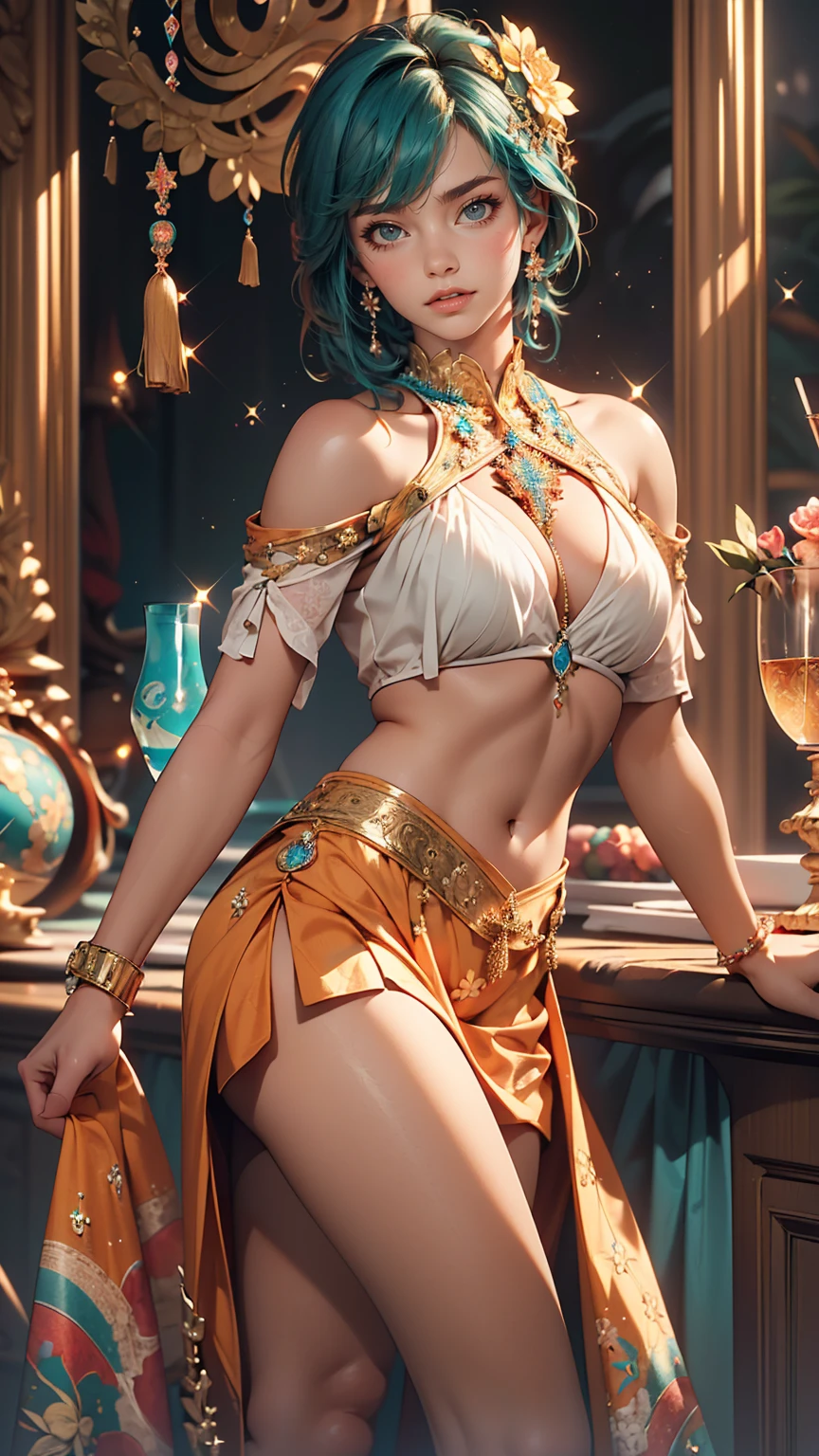 (masterpiece, highest quality, highest quality, Official Art, Beauty and aesthetics: 1.2), (One girl: 1.3), (Fractal Art: 1.3), Bright aqua blue eyes, Medium length hair with tassels, Nude midpart
