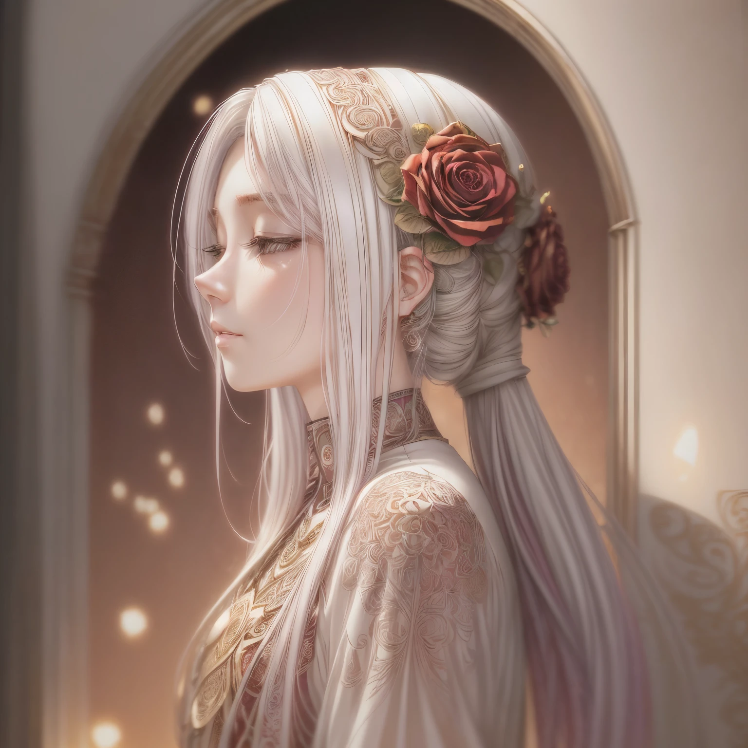 (beauty side face,long colored hair,Close eyes,Masterpiece roses),Iridescent background, (Illustration, art, Zentangle, 3d rendered),(Best Quality, Detailed details, masutepiece, offcial art, Movie Light Effects, 4K, Chiaroscuro)、Face 4/3 is covered with roses