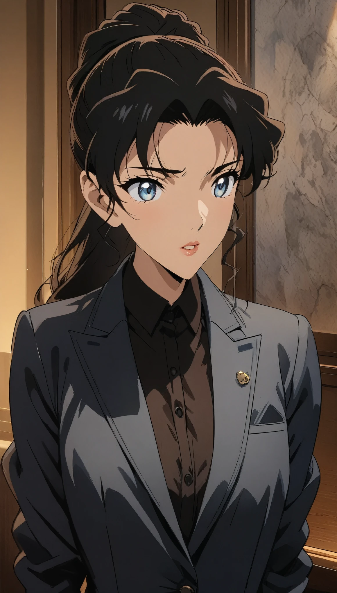 (best quality, High resolution, masterpiece:1.2), black hair, Beautiful woman, delicate eyes, Detailed lips, Suit, Single picture, Anime style