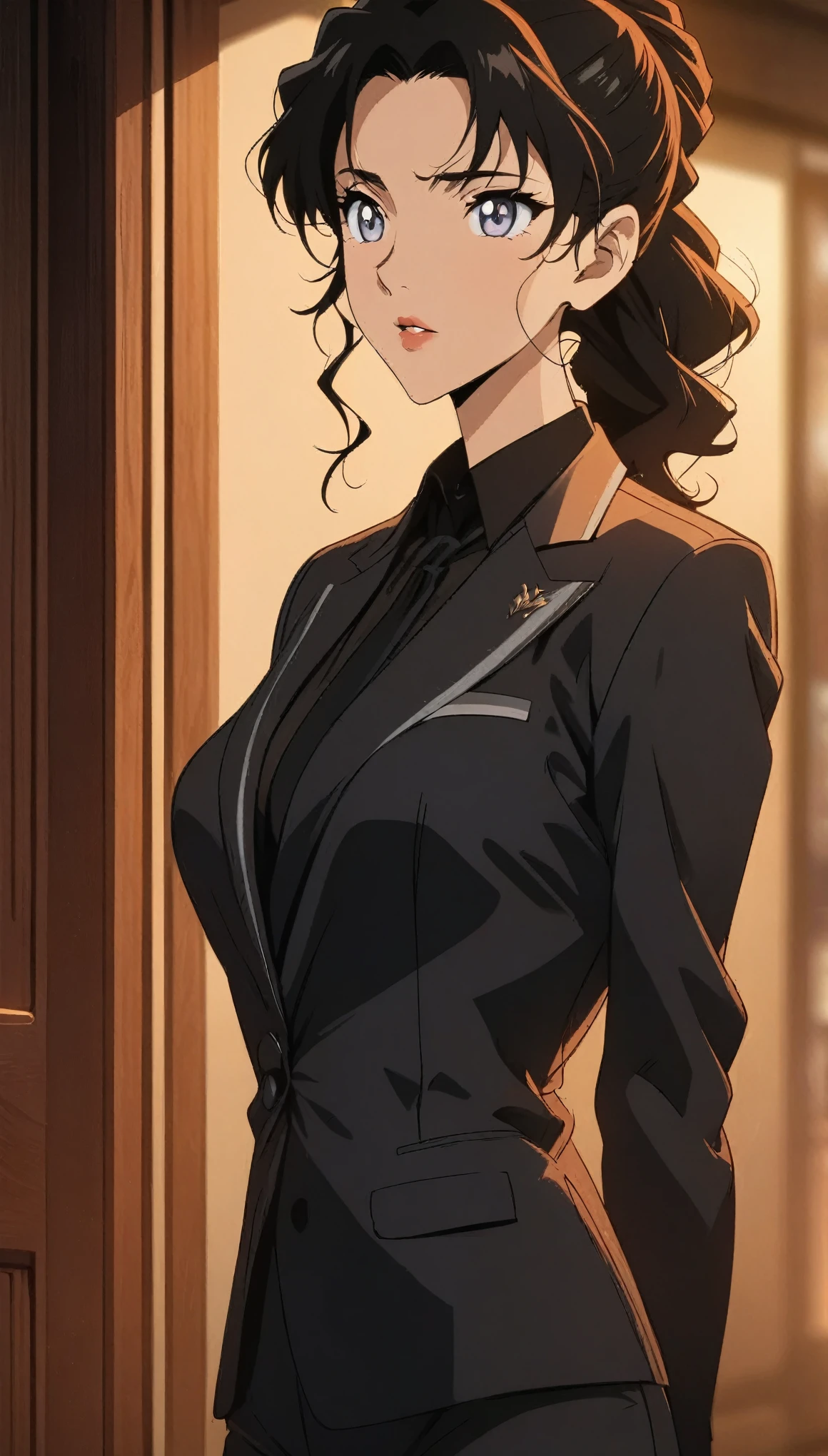 (best quality, High resolution, masterpiece:1.2), black hair, Beautiful woman, delicate eyes, Detailed lips, Suit, Single picture, Anime style