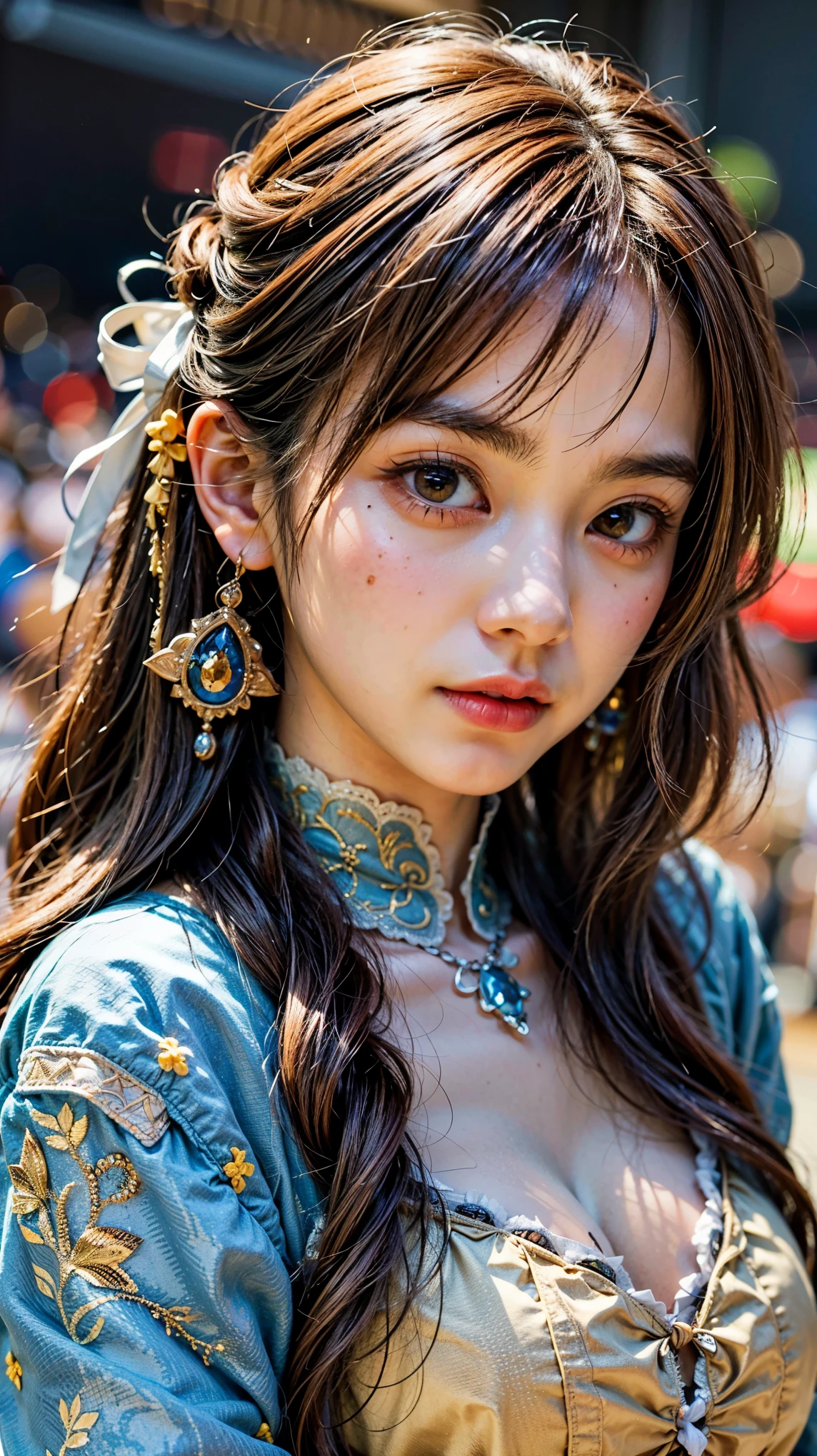 (masterpiece:1.4), (highest quality:1.4), Very detailed, Complex, Super detailed, (Perfect Face), figure,Soft lighting, Scenic, One girl, Happy,  Bright auburn hair, colorful, Colorized, from_Under ,fish_Costumes , Stadium 
