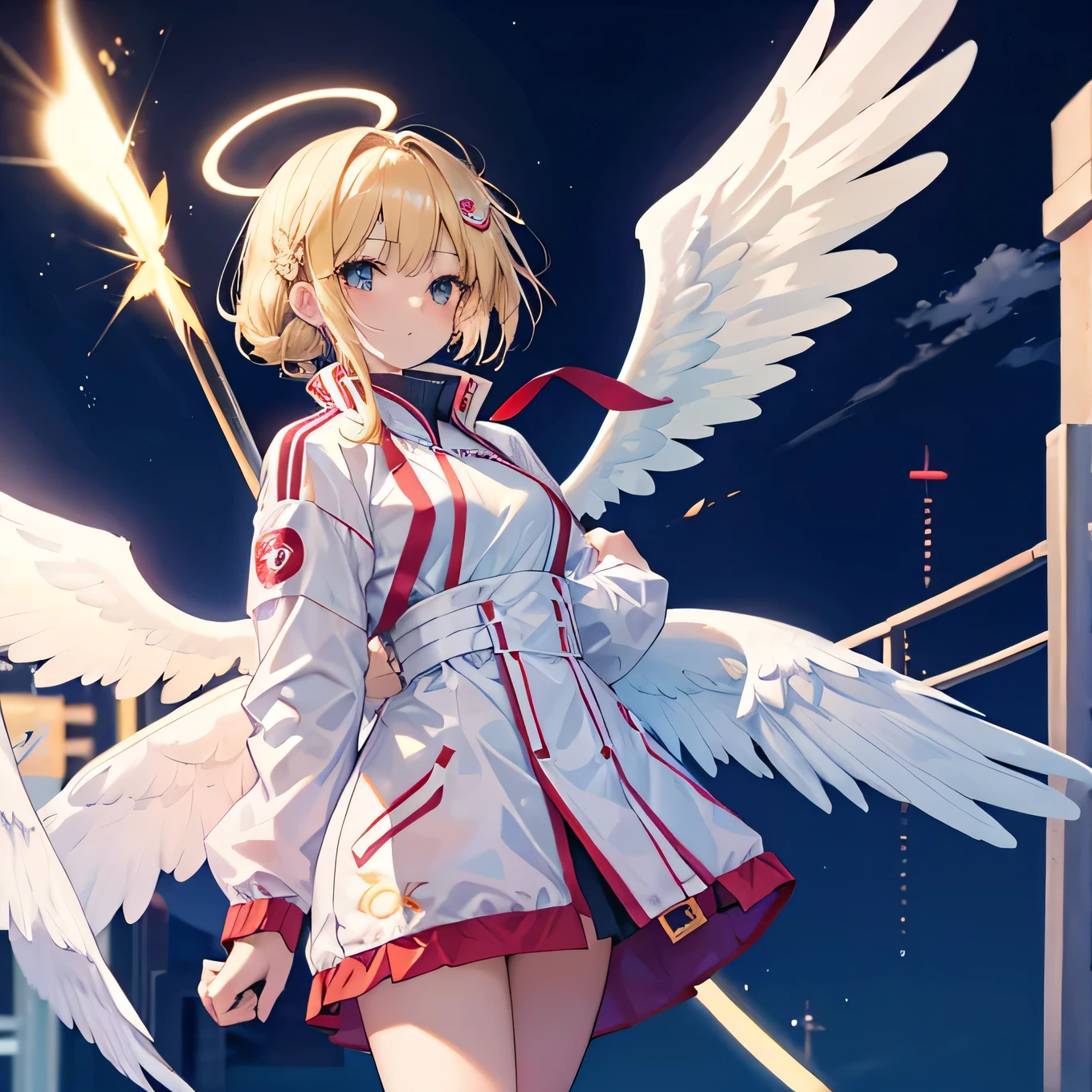 sixteen year old girl,blonde,Miko costume,Halo,windbreaker,Angel Wings,whole body