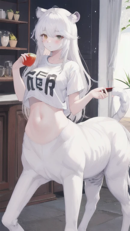 (best quality, masterpiece), 1 girl, centaur, It takes, White skin,belly button t-shirt, beautiful girl perfect white tiger photo, perfect white tiger photo