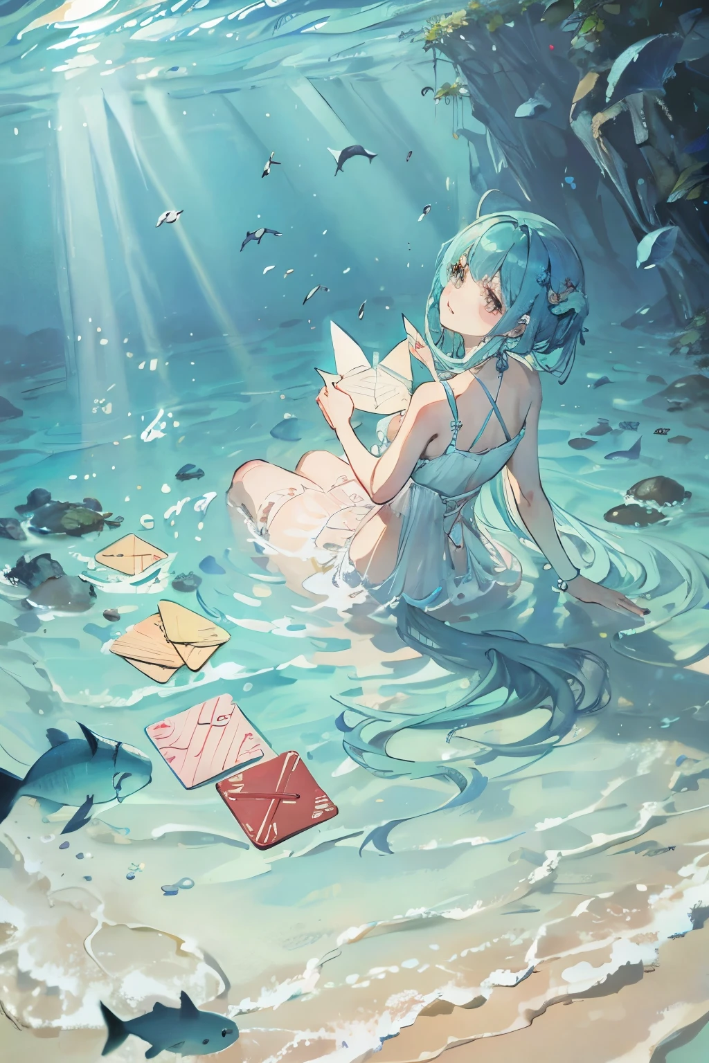Anime girl sitting in the water with a book and envelope - SeaArt AI