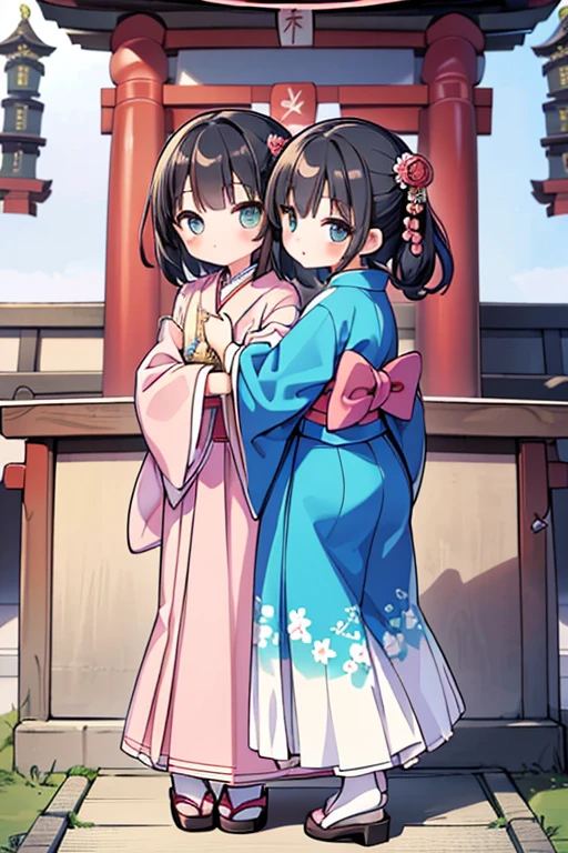 ((stylish 2 girls:1.3)), ((kawaii face:1.3)), ((loli cute eyes)), ((masterpiece:1.3)), ((top quality:1.3)), ((hyper detailed:1.3)), ((realistic:1.3)), ((super fine:1.3)), super detailed skin, crisp, depth, exquisite, beautiful and aesthetic, ((8k)), ((high standard:1.3)), ((high resolution:1.3)), ((perfect anatomy)), ((full body)), ((japanese clothes:1.3)), ((hug from behind:1.3)), ((shrine:1.3))