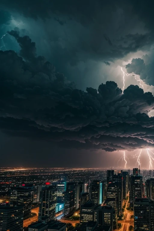 City engulfed in dark clouds, single lightning, trees swaying from the strong winds,  masterpiece 