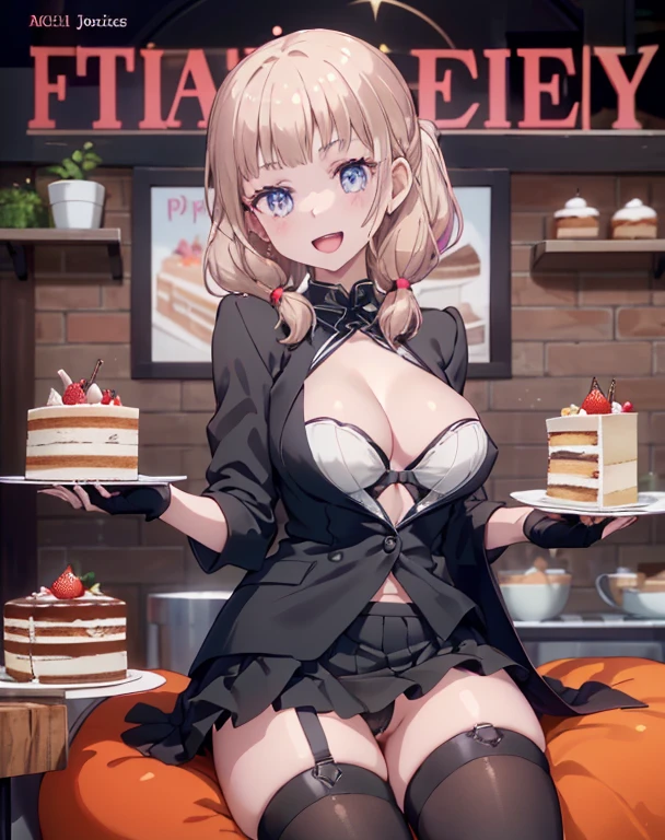1 girl, small nose, very beautiful detailed face and eyes, bright colors, cute face, delicate beautiful face, Bright magenta eyes, cute eyes, sparkling eyes, Big eyes, (big breasts:1.3), (perky chest:1.1), (pointed chest:1.0), (cake magazine cover:1.3),highest quality, WorKs of masters, High resolution,BlacK color hair,shiny hair, side ponytail,hair between eyes,bangs, (black jacket, real clothes, cleavage, black skirts, black thighhighs, thigh strap, fingerless gloves, single glove:1.2) , spread legs, panties shot, medium hips, glamorous body, white skin, smile, thin pubric hair, super beautiful face, Super beautiful eyes, Super beautiful hair,trendy outfit,sexy and attractive,full body esbian, Real World, Natural light,perfect Natural light,(with sparkling eyes and a contagious smile), This masterpiece is not only visually stunning but also tells, make of cake cooking , in the kitchen, open mouth, looking at viewer,