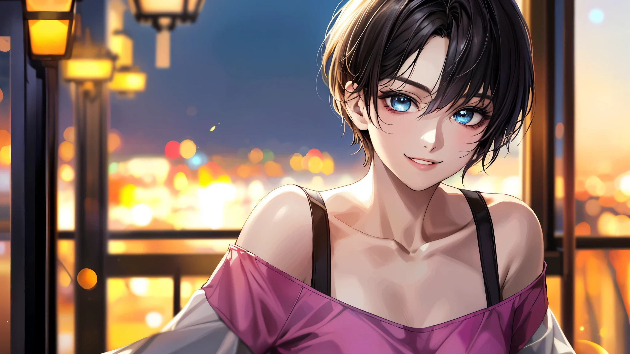 (highest quality, 8k, 32k, masterpiece, Ultra-high resolution):1.2, Blurred Background, beautiful彩度の素晴らしい写真, Ultra-high resolution,(Realistic:1.4)),Deep Shadow,(highest quality), ultra Realistic,32k,Highly detailed CG Unity 8k wallpaper, highest quality, (Detailed face, Perfect Face, Perfect Eyes, Realistic eyes). beautiful Eyes, Super beautiful, Very short hair, beautiful, lover, Rough chest T-shirt, beautiful Soldier, Eyes that beckon the viewer, loverの視点, Attractive expression, Sexy smile, Perfect Style, Perfect balance, Detailed skin, Mischievous Gaze, I can see your chest,office Street,Shoulder Off