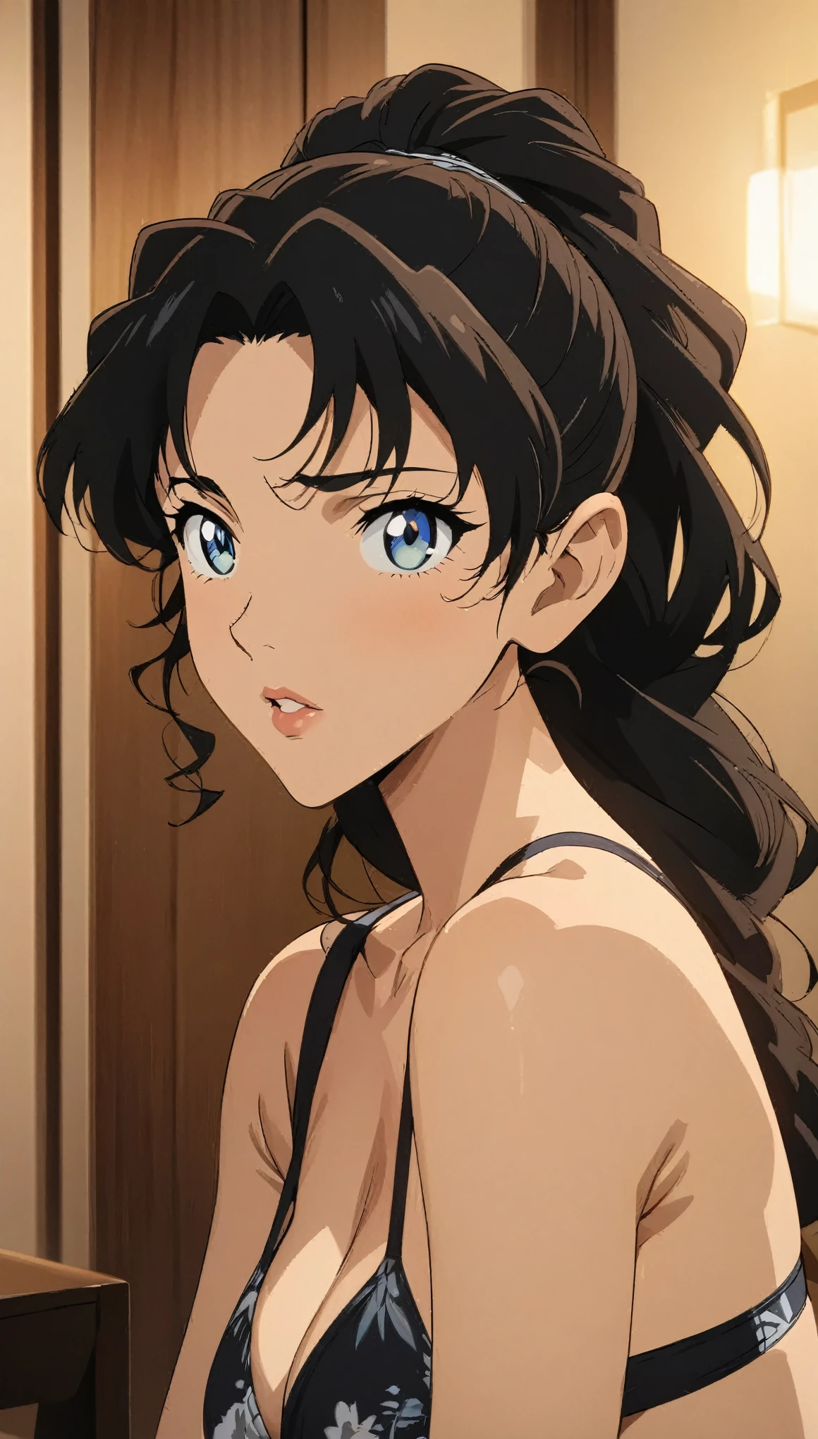 (best quality, High resolution, masterpiece:1.2), black hair, Beautiful woman, delicate eyes, Detailed lips, swimsuit, Single picture, Anime style