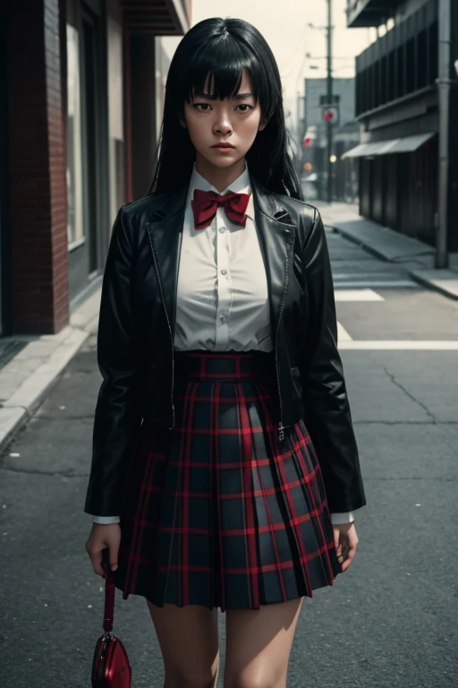 cinematic film still of Cinematic film image of Gogo Yubari a woman in a skirt and jacket is chained to a chain,1girl,solo,long hair,looking at viewer,bangs,skirt,shirt,black hair,long sleeves,bow,holding,,standing,jacket,full body,white shirt,pleated skirt,shoes,socks,blunt bangs,bowtie,red bow,black jacket,plaid,chain,plaid skirt,white footwear,blazer,white socks,red bowtie,leash,holding leash , Kodak film grain, dramatic light, dramatic shadow light, contrast, saturated color, cinematic, filmic, motion picture, realistic, realism, perfection, perfect, deep focus, clean image, Kill Bill style, Kill Bill Film Style, shallow depth of field, vignette, highly detailed, high budget, bokeh, cinemascope, moody, epic, gorgeous, film grain, grainy , big breasts , big tits