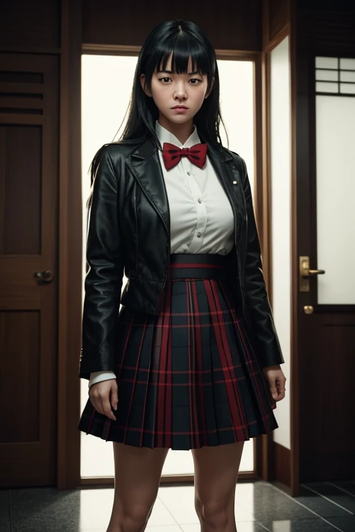 cinematic film still of Cinematic film image of Gogo Yubari a woman in a skirt and jacket is chained to a chain,1girl,solo,long hair,looking at viewer,bangs,skirt,shirt,black hair,long sleeves,bow,holding,,standing,jacket,full body,white shirt,pleated skirt,shoes,socks,blunt bangs,bowtie,red bow,black jacket,plaid,chain,plaid skirt,white footwear,blazer,white socks,red bowtie,leash,holding leash , Kodak film grain, dramatic light, dramatic shadow light, contrast, saturated color, cinematic, filmic, motion picture, realistic, realism, perfection, perfect, deep focus, clean image, Kill Bill style, Kill Bill Film Style, shallow depth of field, vignette, highly detailed, high budget, bokeh, cinemascope, moody, epic, gorgeous, film grain, grainy , big breasts , big tits