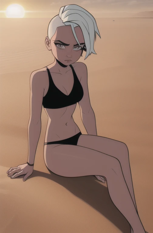 (dark theme:0.6), Glucose, 1 woman,  and rough face, One, short hair, in a black bikini, in a black bra, sexualong legs, High growth, Egypt, bright sun, wound, sand, desert 1.2), is sitting, White hair, pomade, decrease,  I look at the viewer, grey eyes, Sharp image, crop top, (HDR:1.22), Muted colors, complex background, Hyper detailed, art [[Jordan Grimmer]]