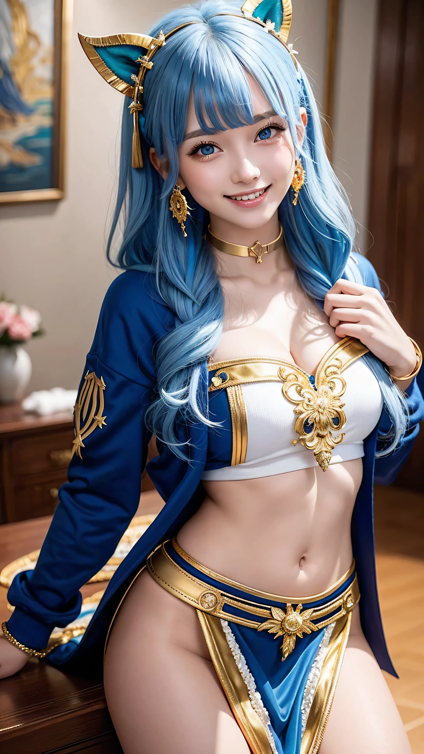 (masterpiece, highest quality), Intricate details,, One girl, mouth, Multicolored Hair, blue eyes, Shark hair accessory, Gold hair ornament, gold choker, Gold bracelet, Sharp teeth, Grin, Blue hoodie,, Greek clothing, Peplos,