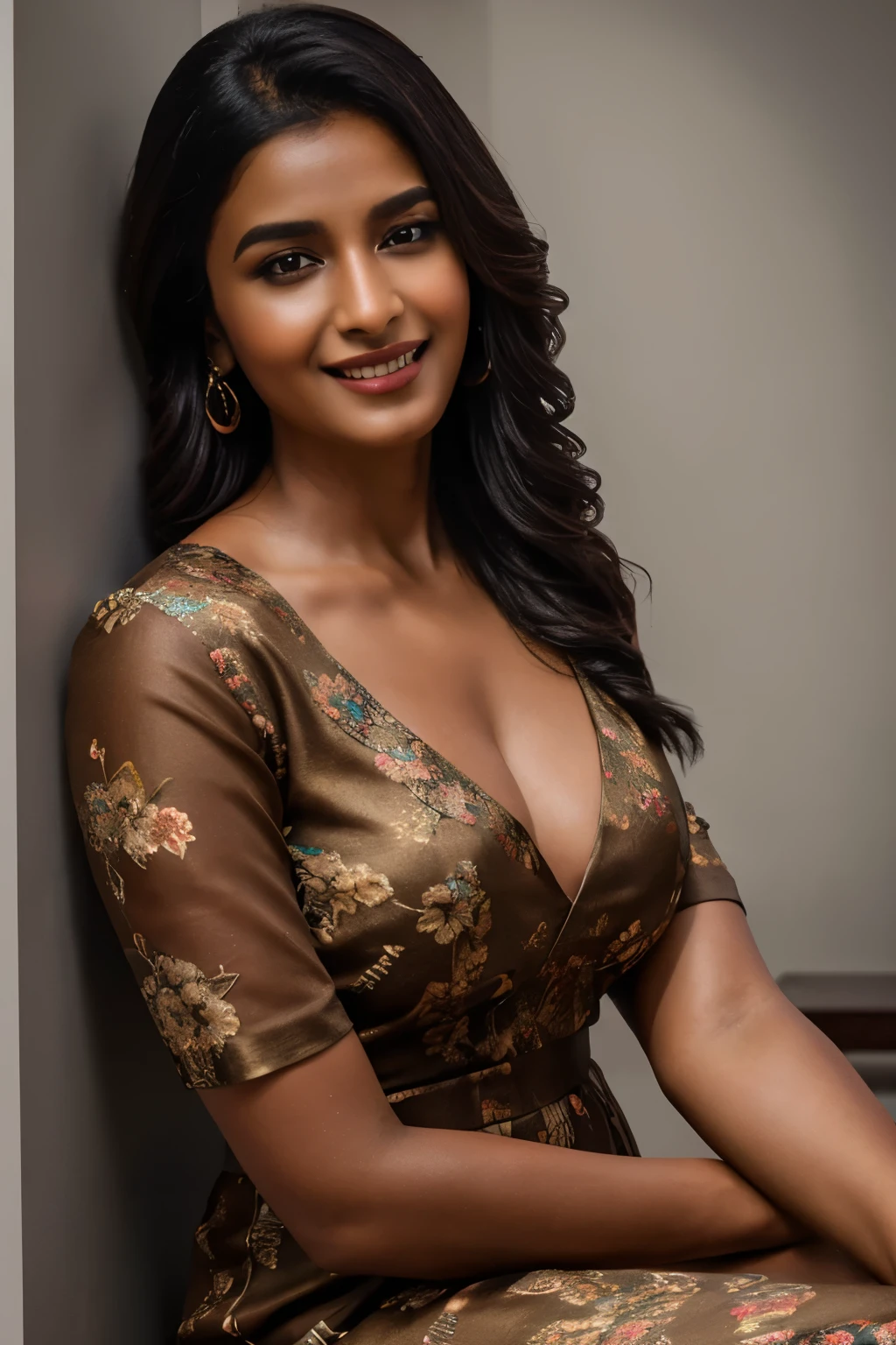 a confident Indian Instagram model in her mid-30s with radiant dark brown skin stands out,dark brown skin, her smile warm and inviting. She’s dressed in a short, fit & flare dress with a sweetheart neckline and vibrant  floral prints,cleavage, big chest, intimate night club setting. Captured by Lee Jeffries using a Nikon D850, the image features rich, lifelike colors and dramatic lighting. The 8K resolution, achieved with Cinema 4D and Octane Render, brings a hyper-realistic, lifelike texture to the scene. Studio lighting, HDR, and a smoky mist enhance the captivating ambiance, while the bokeh effect adds an artistic touch to this enchanting candid shot