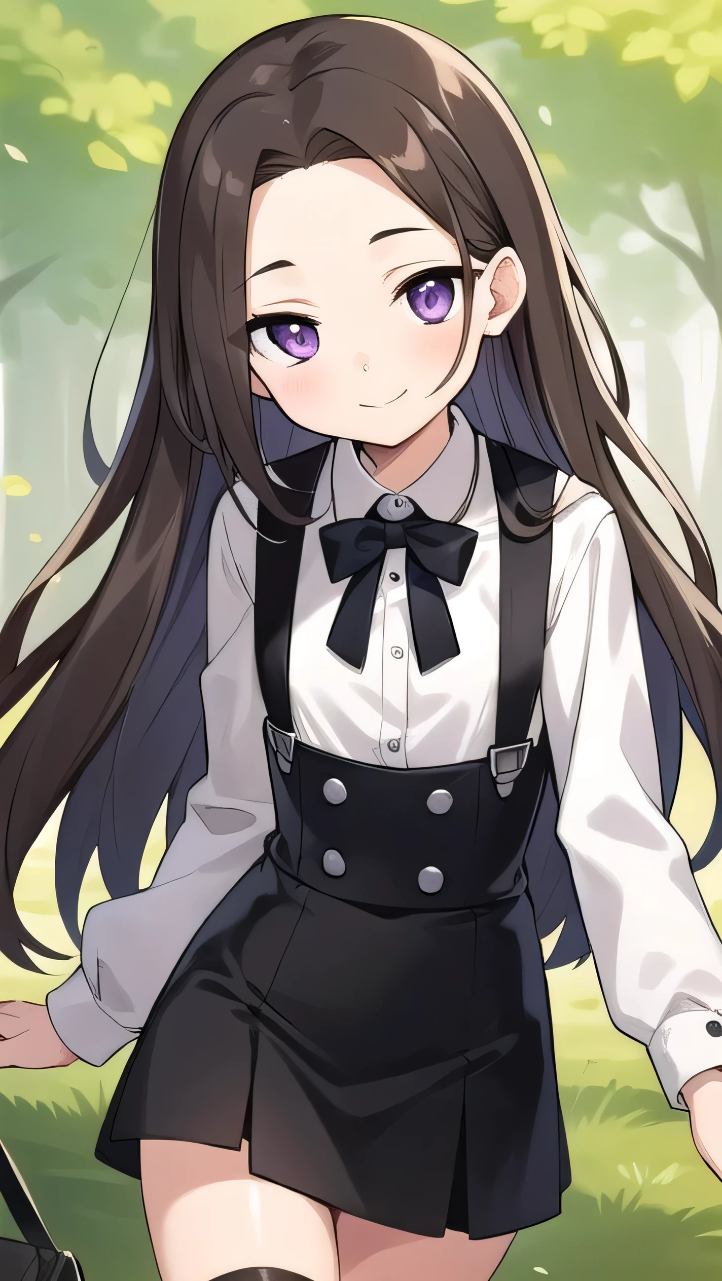 Brown hair, long hair, purple eyes,middle part, wide forehead, white shirt, long sleeves, black corset, black miniskirt, black knee socks, middle school student, flat chest , short, narrow eyes, hanging eyes, forehead, straight hair, harness, gentle smile