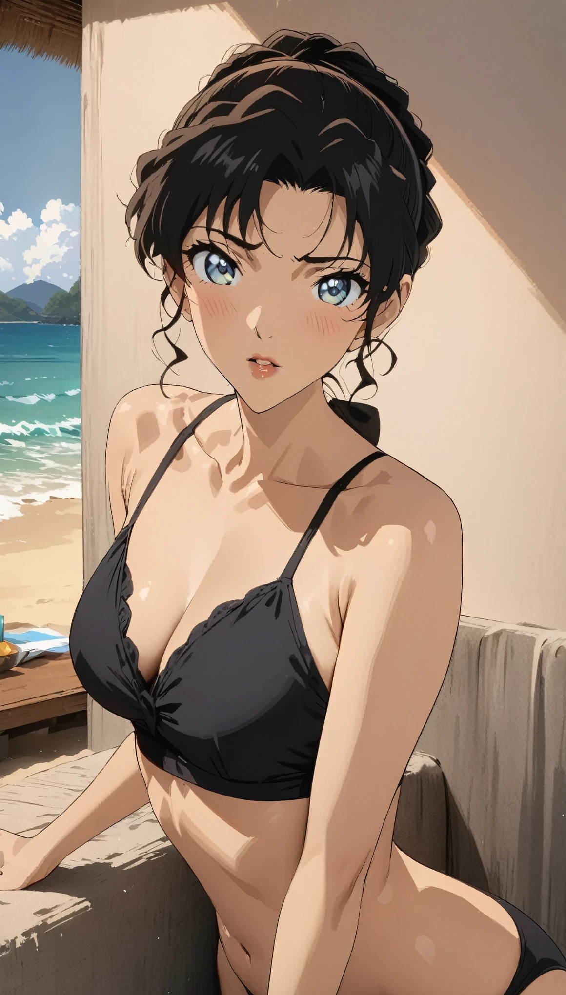 (best quality, High resolution, masterpiece:1.2), black hair, Beautiful woman, delicate eyes, Detailed lips, swimsuit, Single picture, Anime style